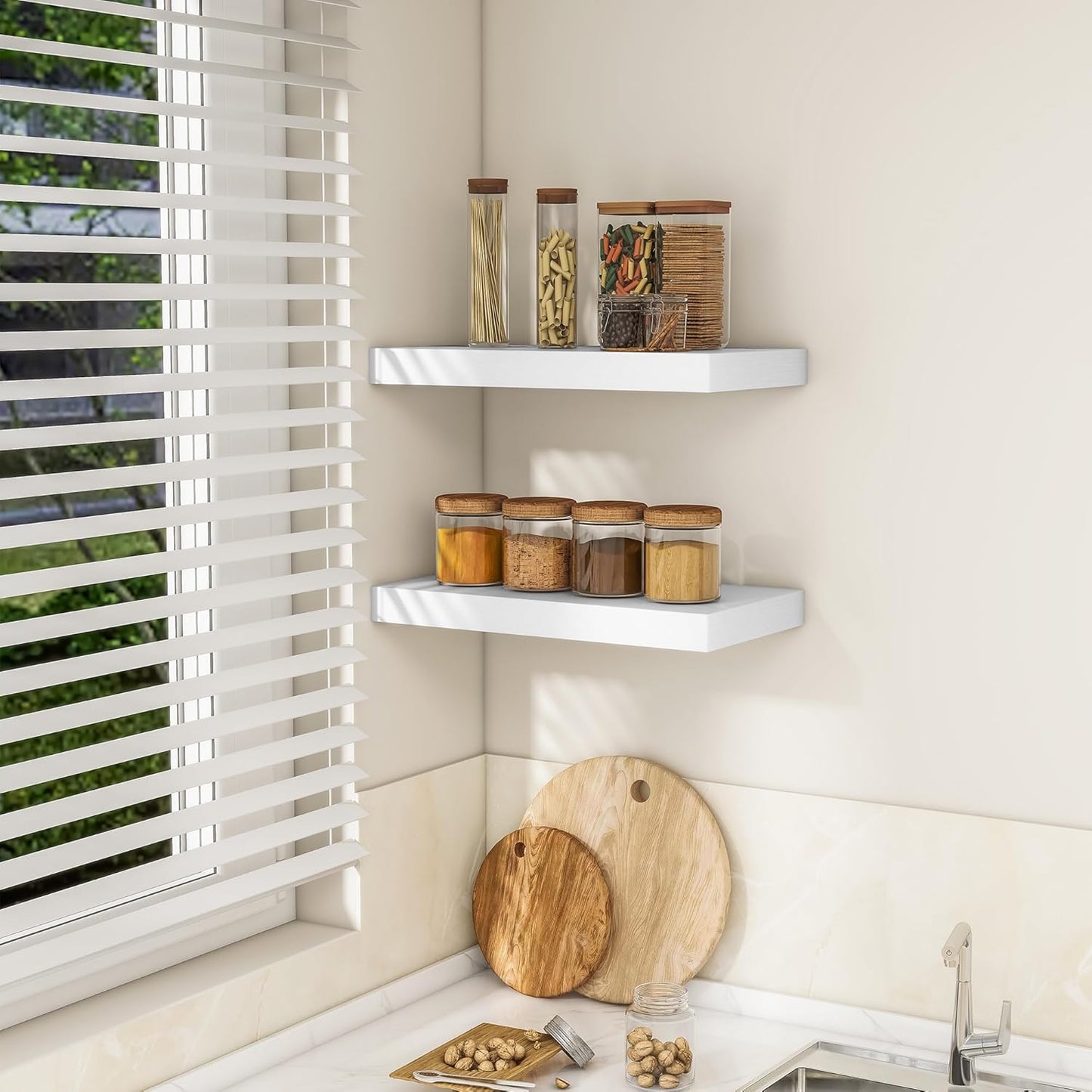 RICHFOCUS 16Inch Floating Shelves for Wall 2 Pack Shelves for Bedroom|Kitchen|Bathroom Wall Mounted Rustic Wood Floating Shelf with Invisible Brackets for Books|Storage|Decor, White