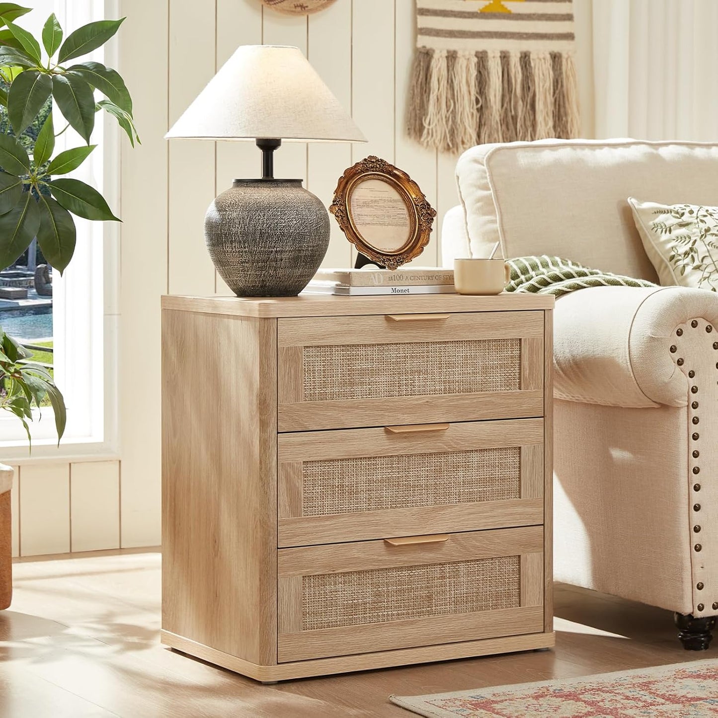 LEYAOYAO Boho Rattan Coffee Table and End Table Sets, 48" Wide Center Tables & 23" Night Stand with 3 Drawers, Natural Wood Coffee Table for Living Room 2 Piece Set