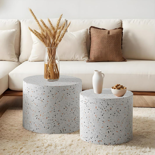 Round Nesting Coffee Table, Drum Wood Coffee Table Set of 2 Marble-Color, Modern Nesting Tables Circle Center Table 2 Piece for Small Spaces Living Room Bedroom Balcony Office, No Assembling