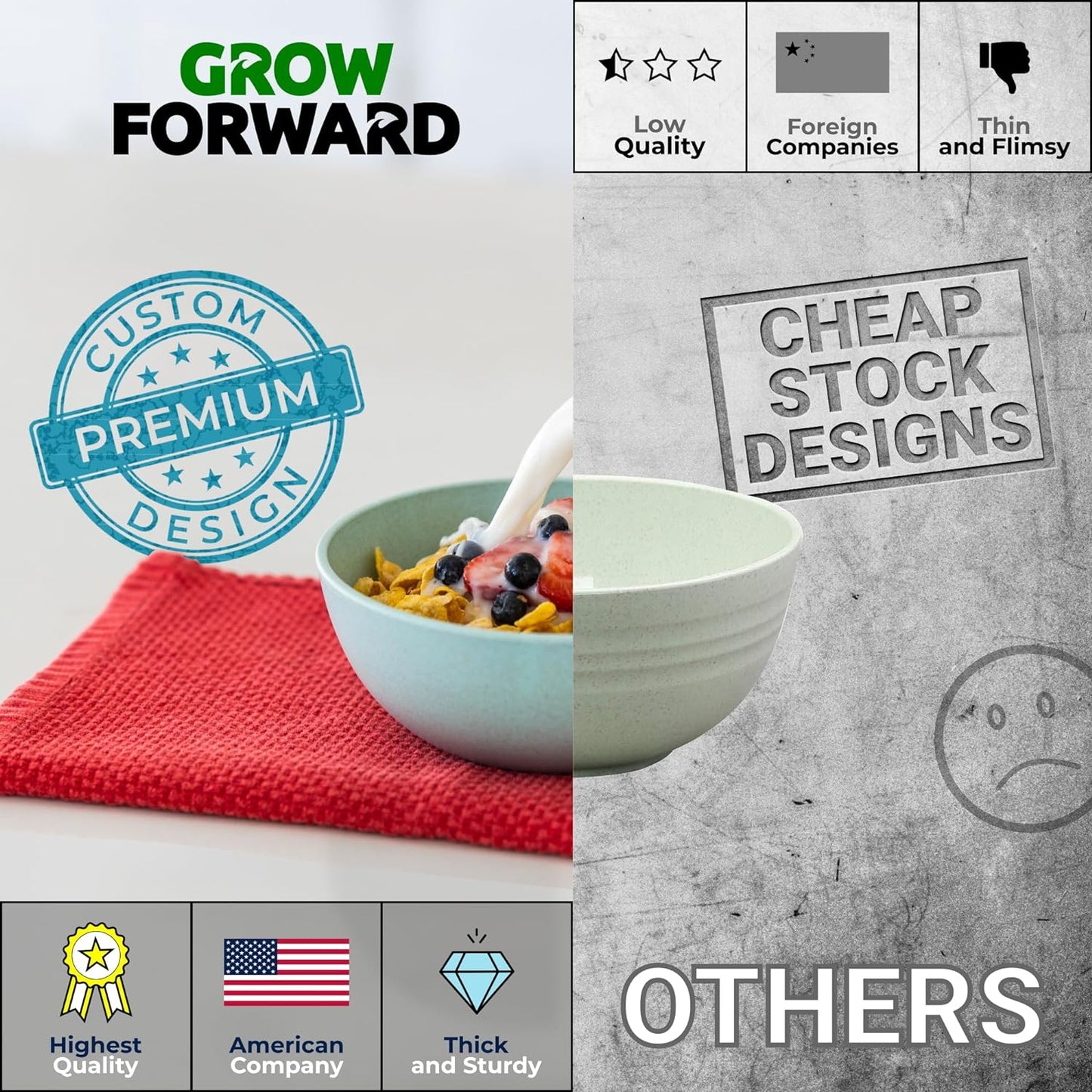 Grow Forward Premium Wheat Straw Bowls - 20oz Microwave Safe Plastic Cereal Bowls Set of 8 for Kitchen, Camping, RV, Dessert, Snack, Soup, Salad, Fruit - Reusable, Unbreakable & BPA Free - Seascape