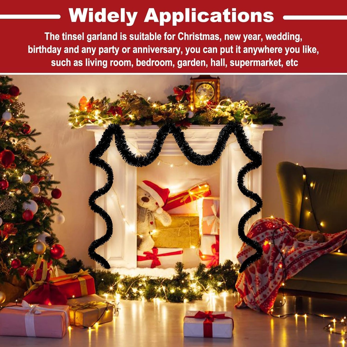 50 Feet Christmas Tinsel Garland, Metallic Twist Wall Hanging Tinsel Backdrop for Parade Floats, Carnival, Birthday, Wedding, New Year Party Decorations (Black, 2in x 50ft)