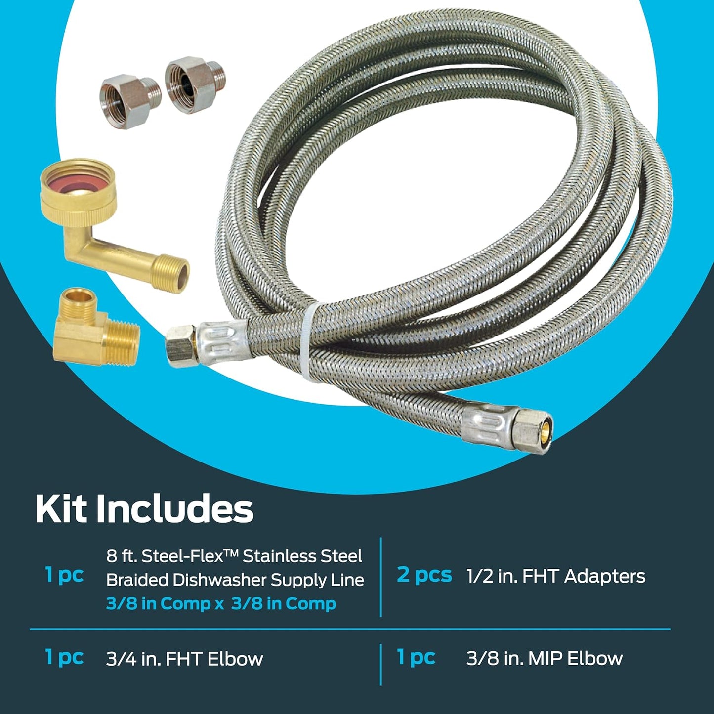 Eastman Dishwasher Installation Kit, 8 Foot Hose with Adapters, 3/8 Inch MIP x 3/4 Inch FHT Elbows, Braided Stainless Steel Connectors, 41132