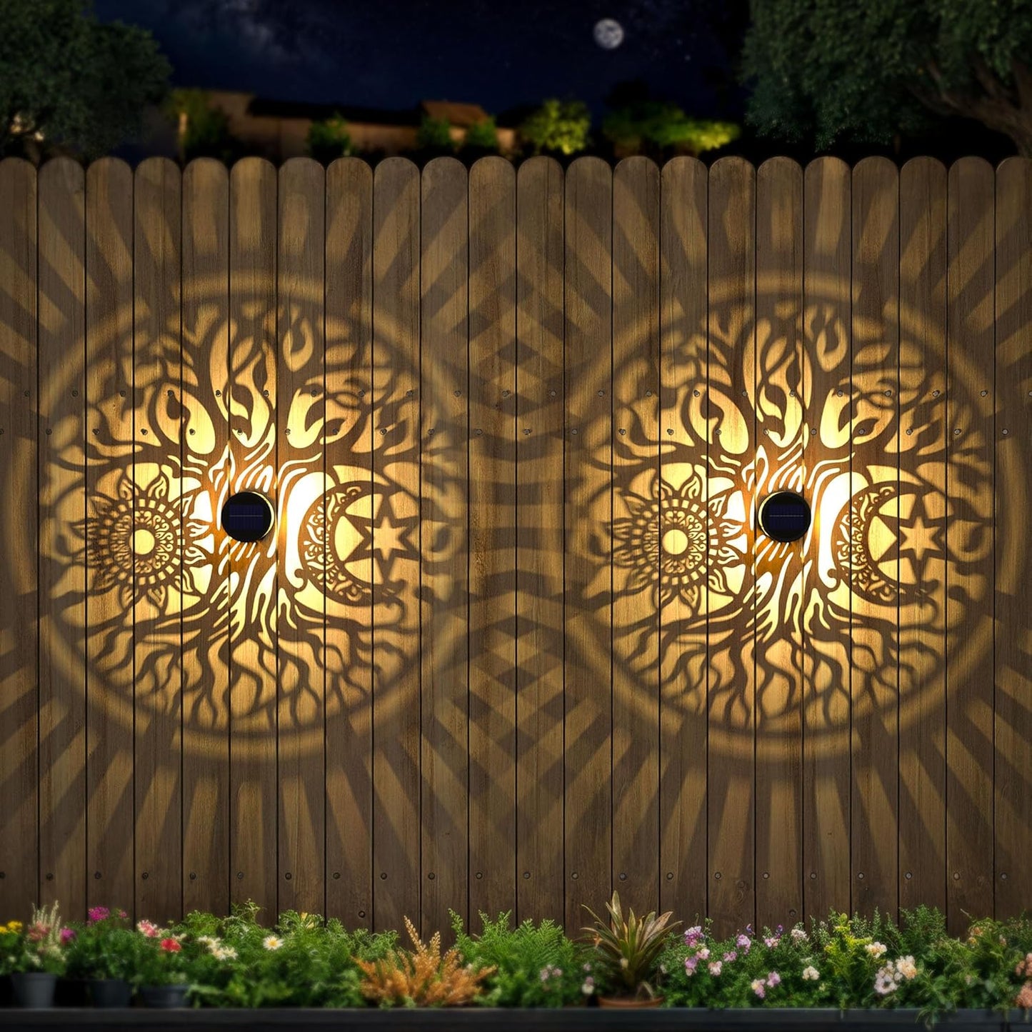 2 Pack Large Solar Fence Lights Metal Solar Powered Outdoor Wall Deck Step Lights Tree Theme Waterproof Fence Light for Garden Post Patio Backyard Yard Decor, Gardening Gifts for Women Mom Grandma