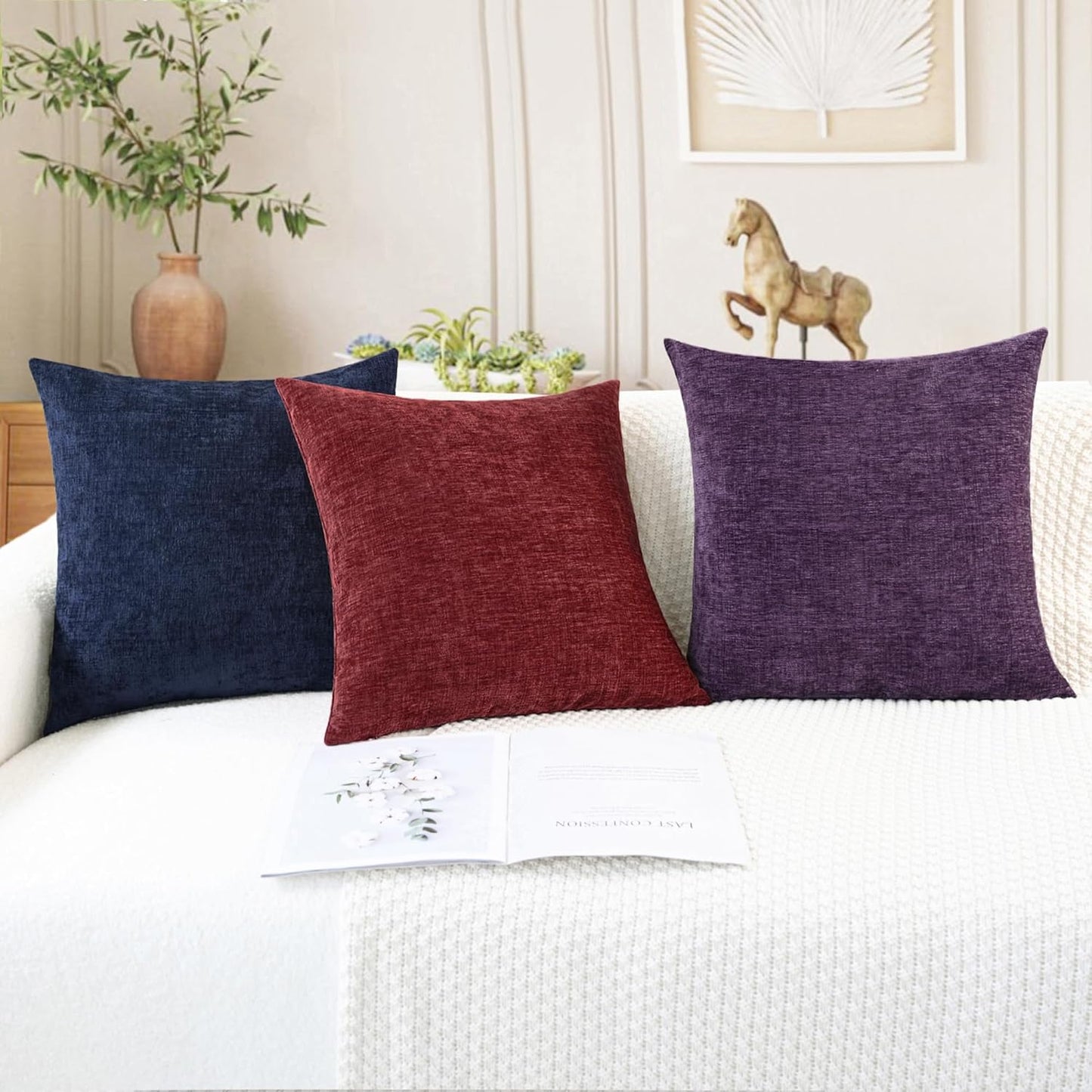 CaliTime Throw Pillow Covers Decorative 20 X 20 Inches Pack of 2 Cozy Chenille Cushion Cases for Couch Sofa Bed Living Room Home Navy Blue