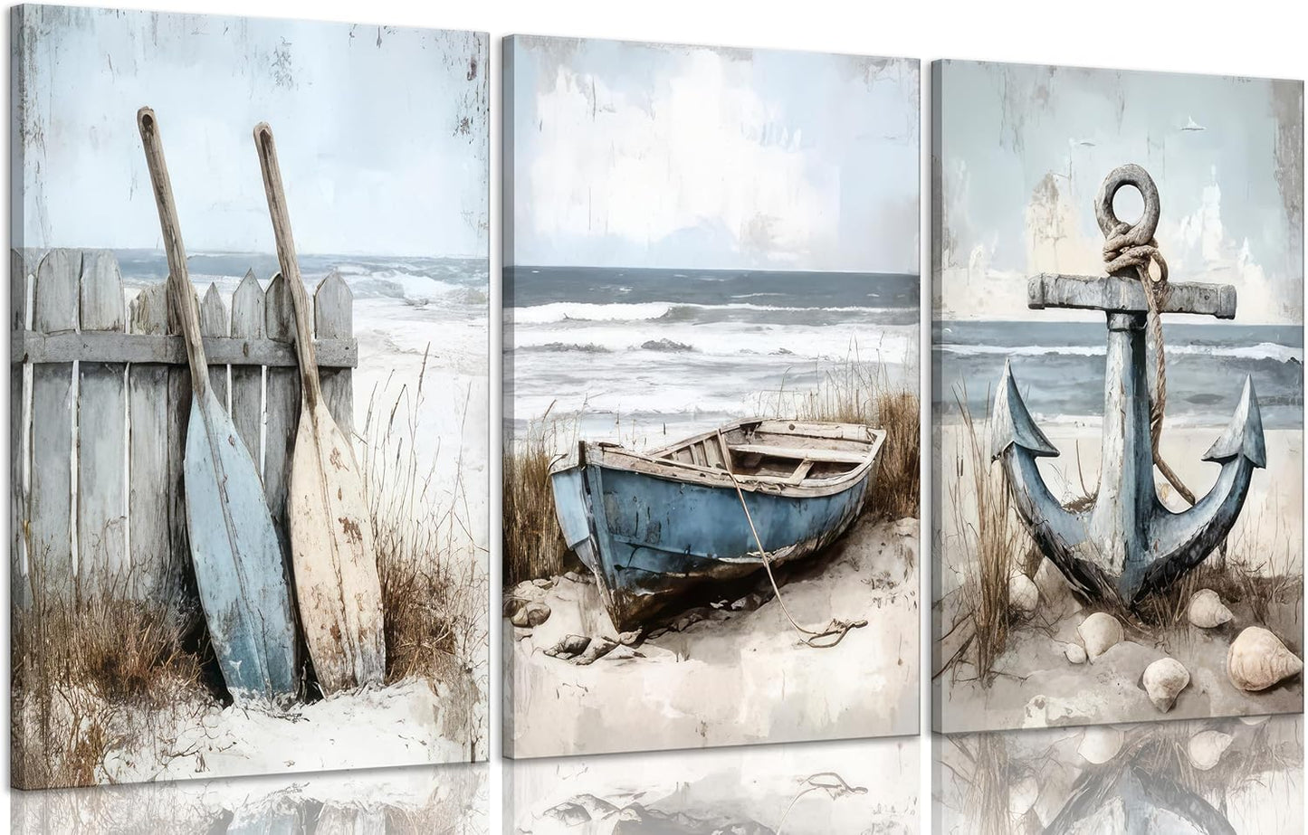 3Pcs Coastal Beach Canvas Wall Art Sailboat Paddle And Anchor Paintings Pictures Wall Decor Nautical Posters Prints Artwork Suitable for Living Room Bedroom Home Office Corridor Home Decroation