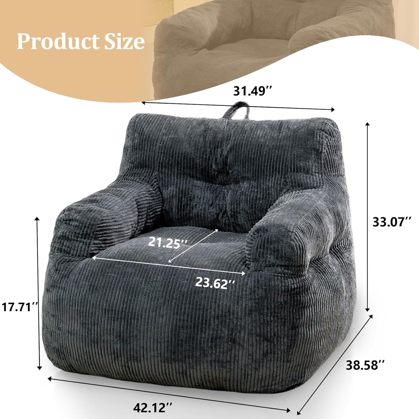 Giant Bean Bag Chair, Faux Fur Large Bean Bag Chair for Adults, Fluffy and Comfy Giant Bean Bag Chair with Filler, Big Bean Bag Sofa Chair for Reading, Gaming, Grey