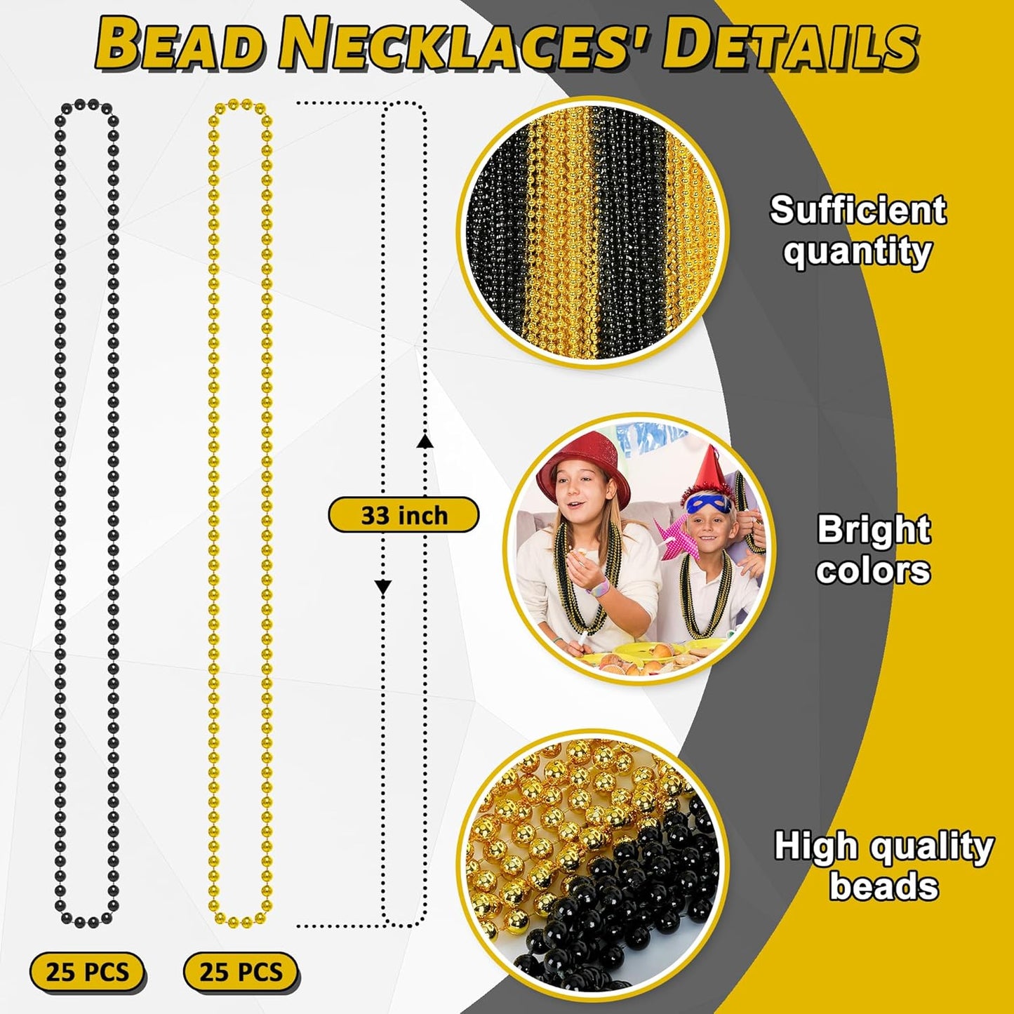 50PCS New Years Eve Bead Party Supplies, Black Gold Bead Necklace, 33" New Years Eve Beaded Necklaces, Festival Mardi Gras Parade Throw Accessories for Halloween Trick or Treat Accessories