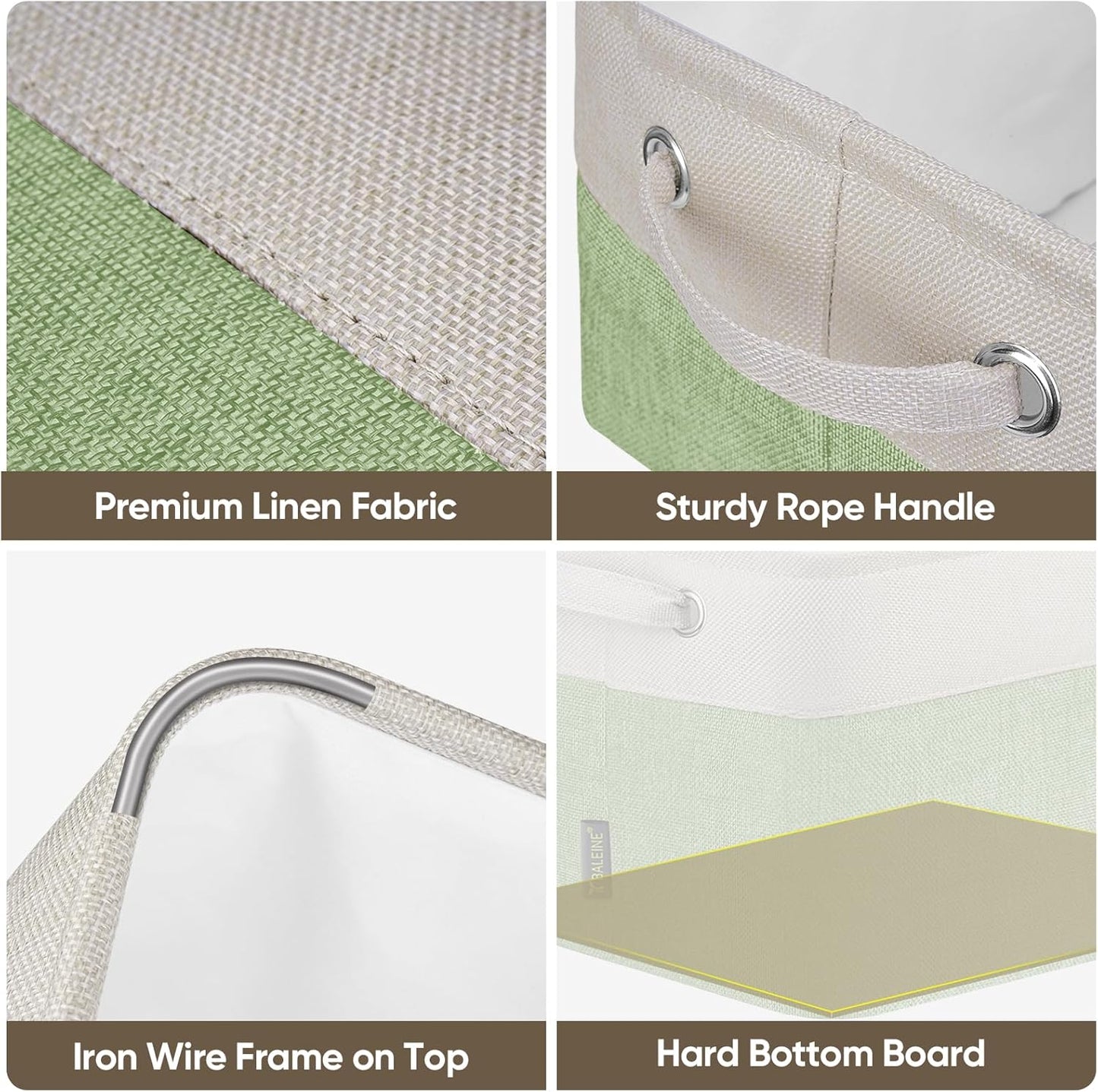 BALEINE 3 Pack Fabric Storage Bins for Shelves, Linen Storage Baskets for Organizing, Decorative Closet Bins for Clothes, Home (Green, 15''x11''x9.5'')