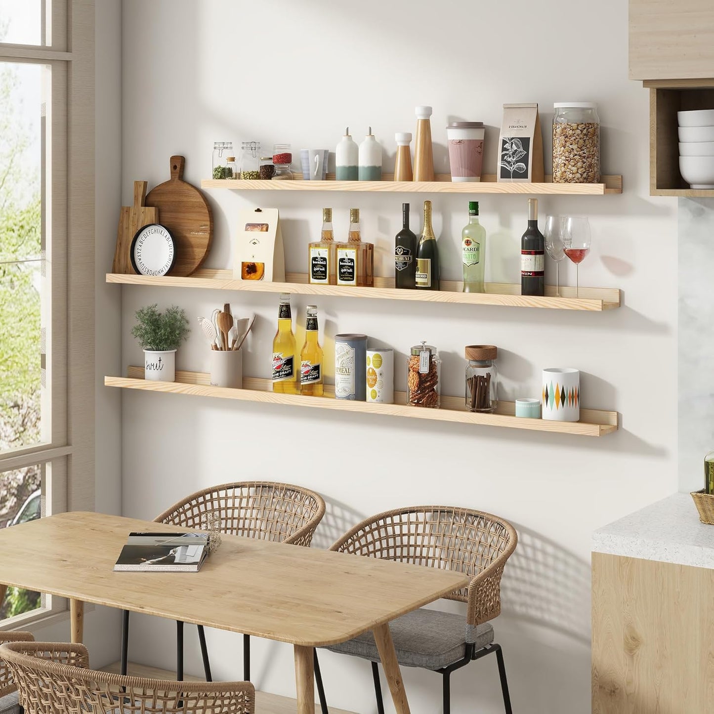 Picture Ledge Shelf for Wall, 24 inch Solid Pine Wood Nursery Book Shelves 2 Packs, Floating Ledge Shelves for Kids' Room Bedroom Bathroom Living Room Photo Frames Office Nursey Wall Decor, Natural