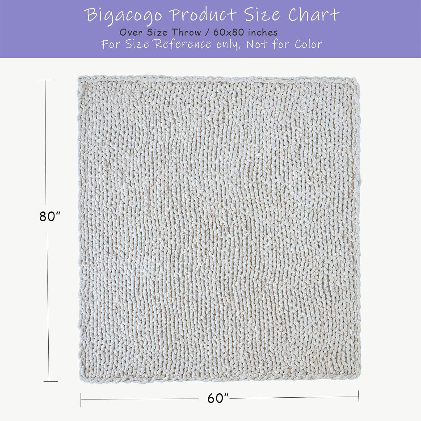 Bigacogo Chunky Knit Throw Blanket for Couch, 60x80 inches, 100% Hand Knitted with Thick Jumbo Chenille Yarn, Cozy Soft Large Rope Knot Cable Crochet Blankets for Sofa Bed Living Room, Ivory