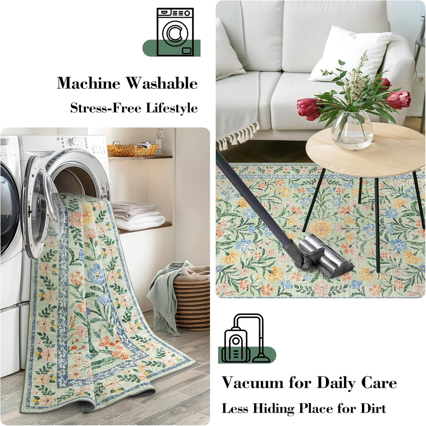 Wonnitar 10x14 Machine Washable Area Rugs, Green Floral Large Rugs for Living Room, Ultra-Thin Foldable Boho Flower Print Bedroom Carpet for Dorm Apartment Office