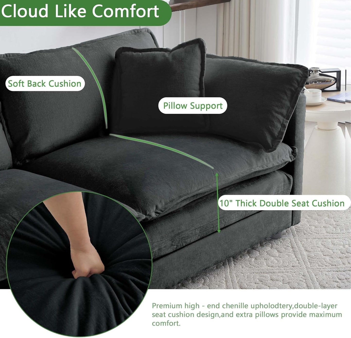 Sectional Sofa 4 Seater with Movable 1 Ottoman,Oversized Modular Couch Deep Seat (Black, 146.5 inch-L)