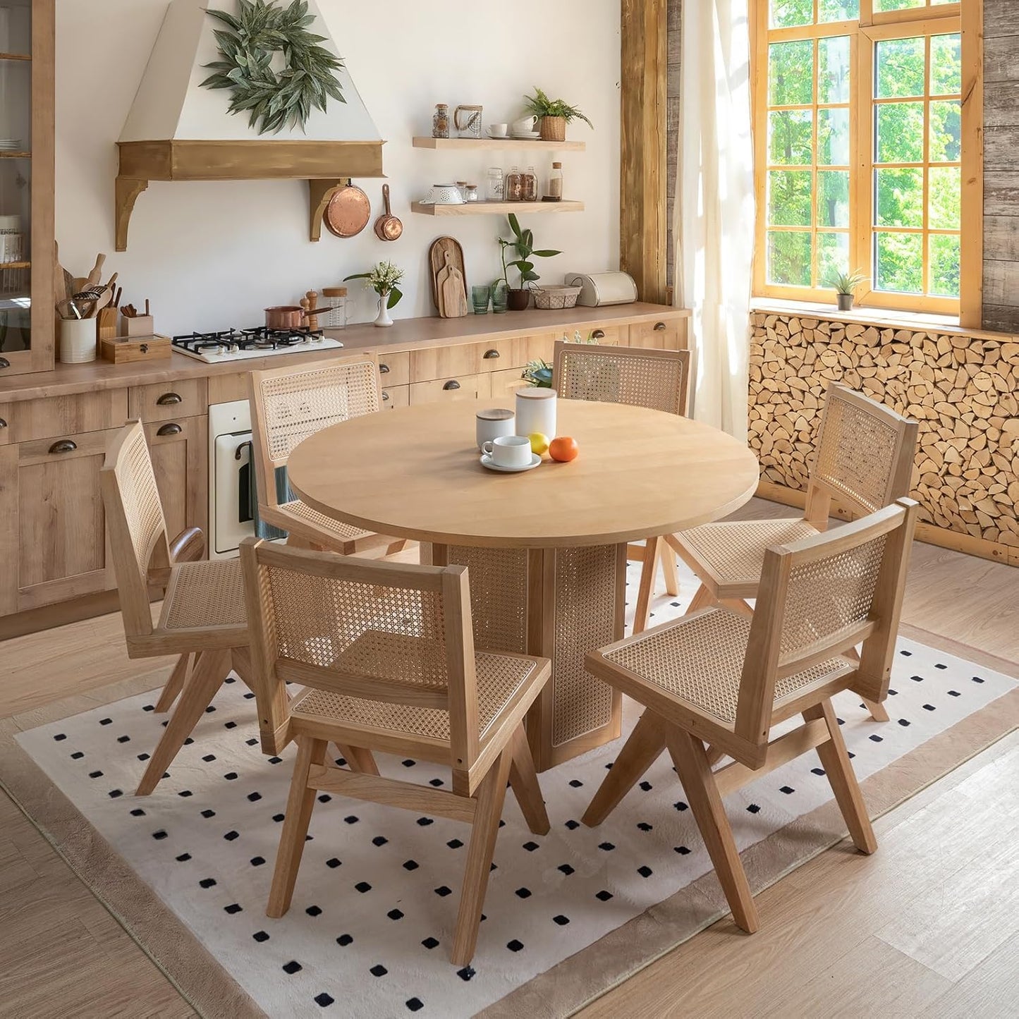 Cane Kitchen Chairs Set of 6, Armless Dining Room Chairs Solid Wood