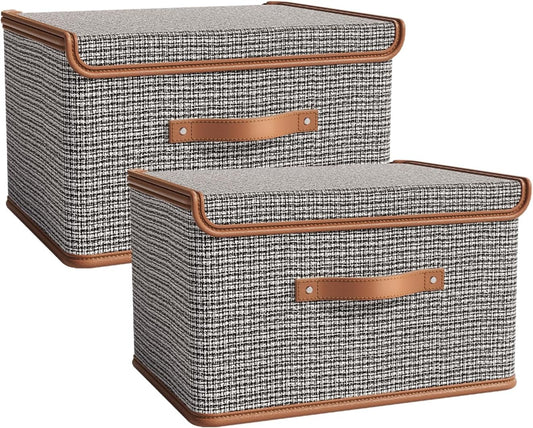 Tuza 2 Pack Storage Bins with Lids, Collapsible Closet Organizer Container, Fabric Organizer Box with Handles, Decorative Storage Boxes with Lids for Organizing Clothes, Books, Light Grey, Large