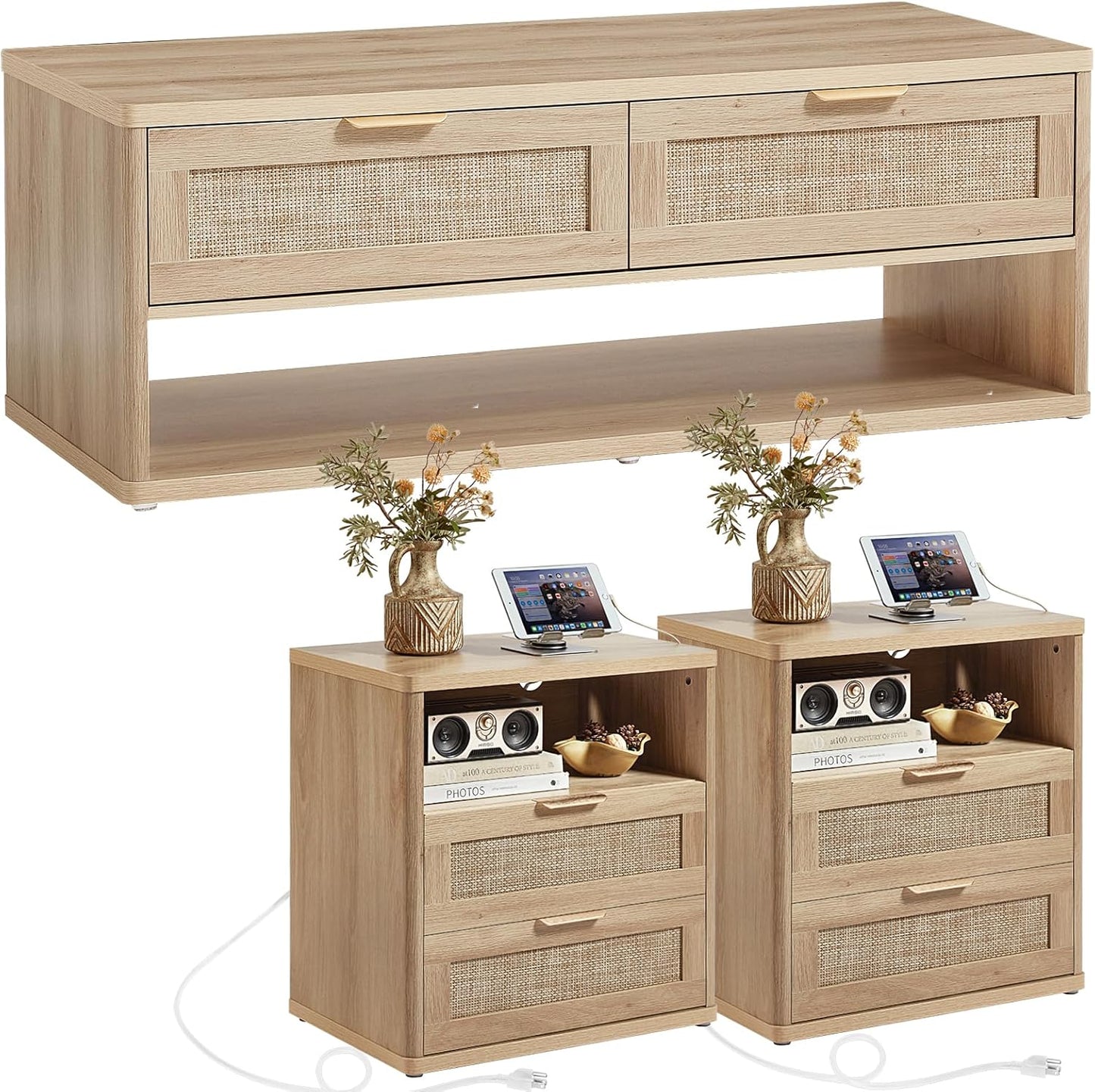 LEYAOYAO Boho Rattan Coffee Table and End Table Sets, 48" Wide Center Tables & 23" Night Stand with Charging Station Chest of Drawers, Natural Wood Coffee Table for Living Room 3 Piece Set