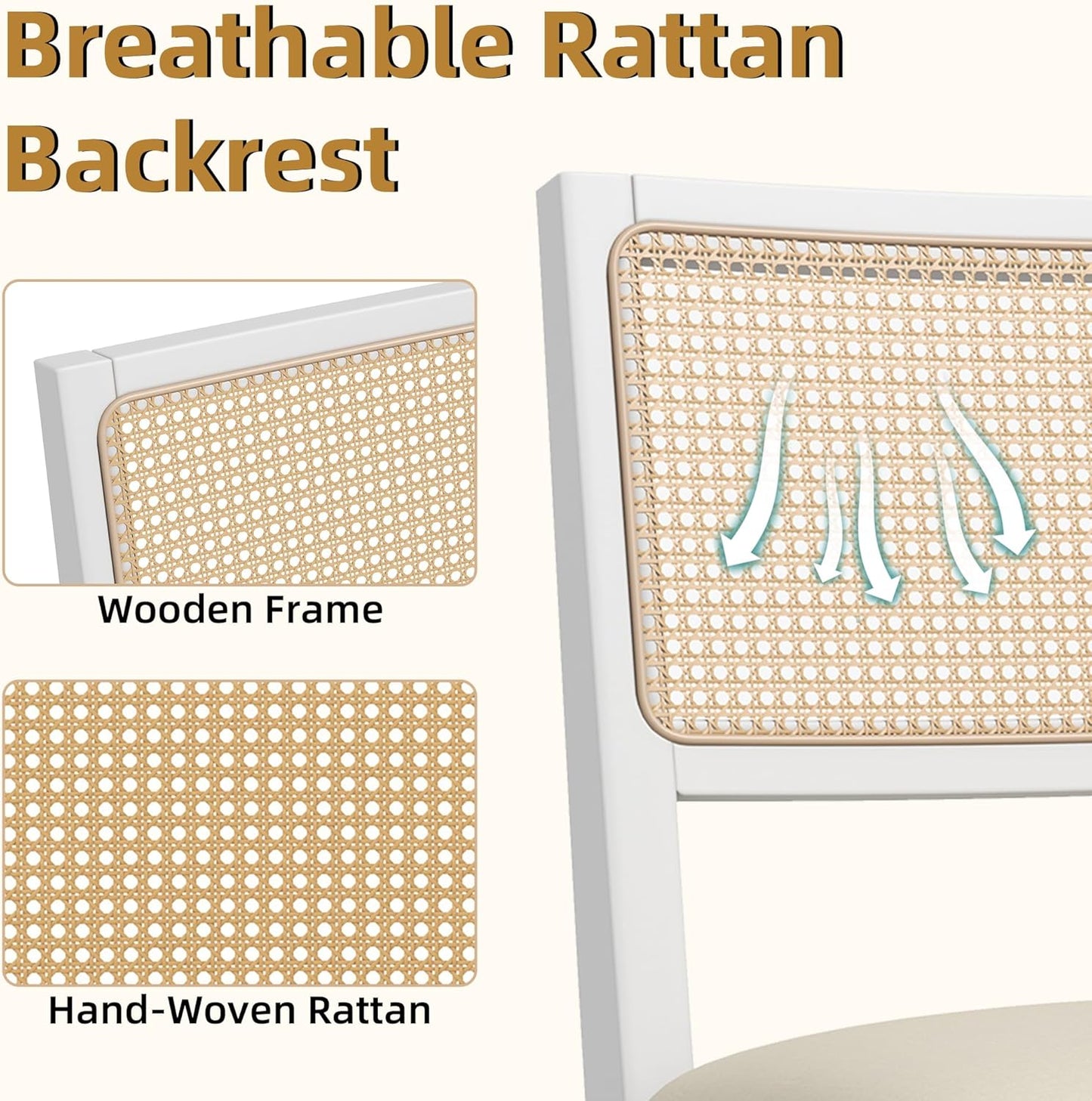 Westice Rattan Dining Chairs Set of 4, Farmhouse Natural Dining Room Chairs with Upholstered Cushion, Wood Armless Chairs for Kitchen/Restaurant, White