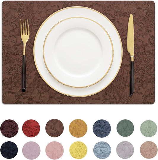 Romanstile Vinyl Placemats Set of 6-12 X 18 Inch - Heat Resistant Non-Slip Embossed Floral Place Mats 100% Waterproof Oilproof Wipeable Faux Leather Table Mats for Kitchen/Dining/Party, Brown