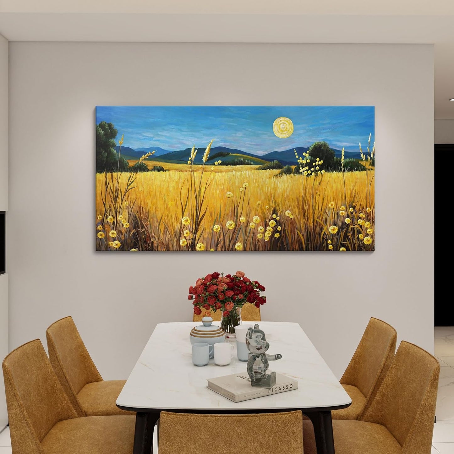 AJAZIKO Landscape Wall Art Moon Framed Canvas Wall Art Large Yellow Living Room Wall Decor Fall Paintings for Bedroom Nature Office Artwork 24×48IN