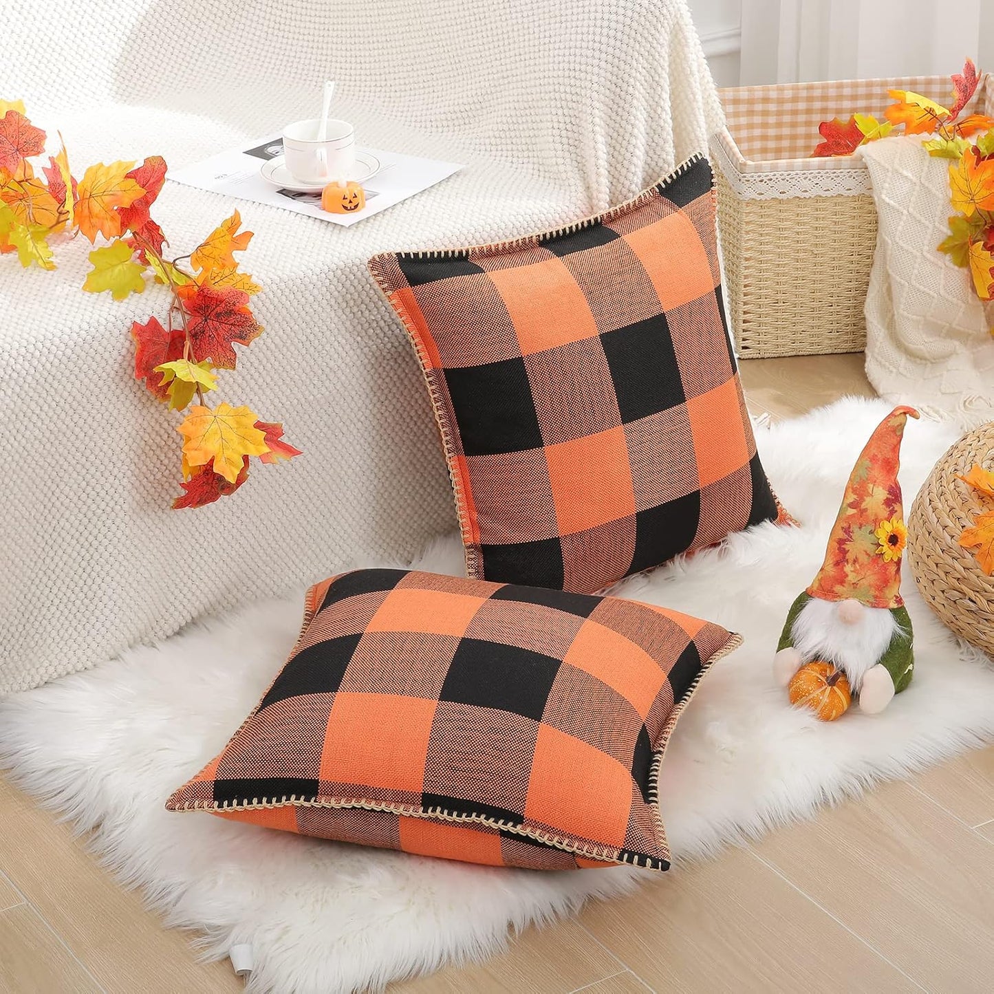 decorUhome Fall Orange and Black Decorative Throw Pillow Covers 18x18 Set of 2, Buffalo Plaid Check Farmhouse Cushion Covers with Stitched Edge for Autumn Harvest Couch Sofa Bed Home Decor