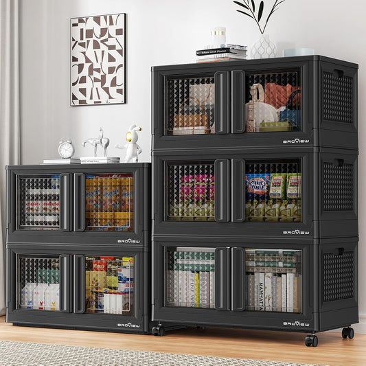 500Qt Stackable Storage Bins with Lids, 125Gal Closet Organizers and Storage Drawer, Plastic Collapsible Storage Bins with Doors, Heavy Duty Store Box Cabinet for Home Kitchen, 5Pack Black