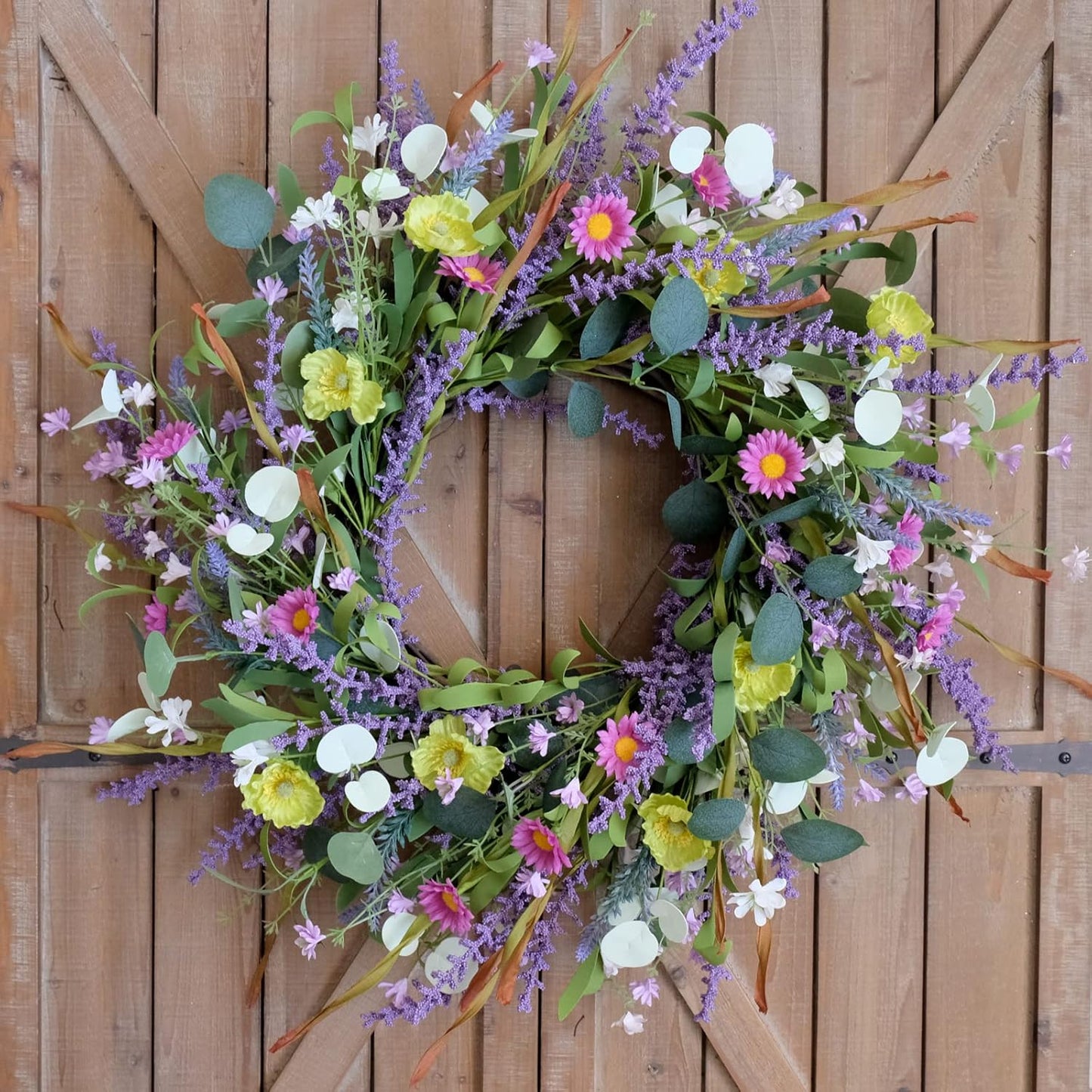 Idyllic 20 Inch Spring Summer Wild Flower Artificial Daisy Front Door Wreath, Everyday Greenery Eucalyptus Leaves for Indoor and Outdoor Use, Rustic Farmhouse Style Home Wreath Decor