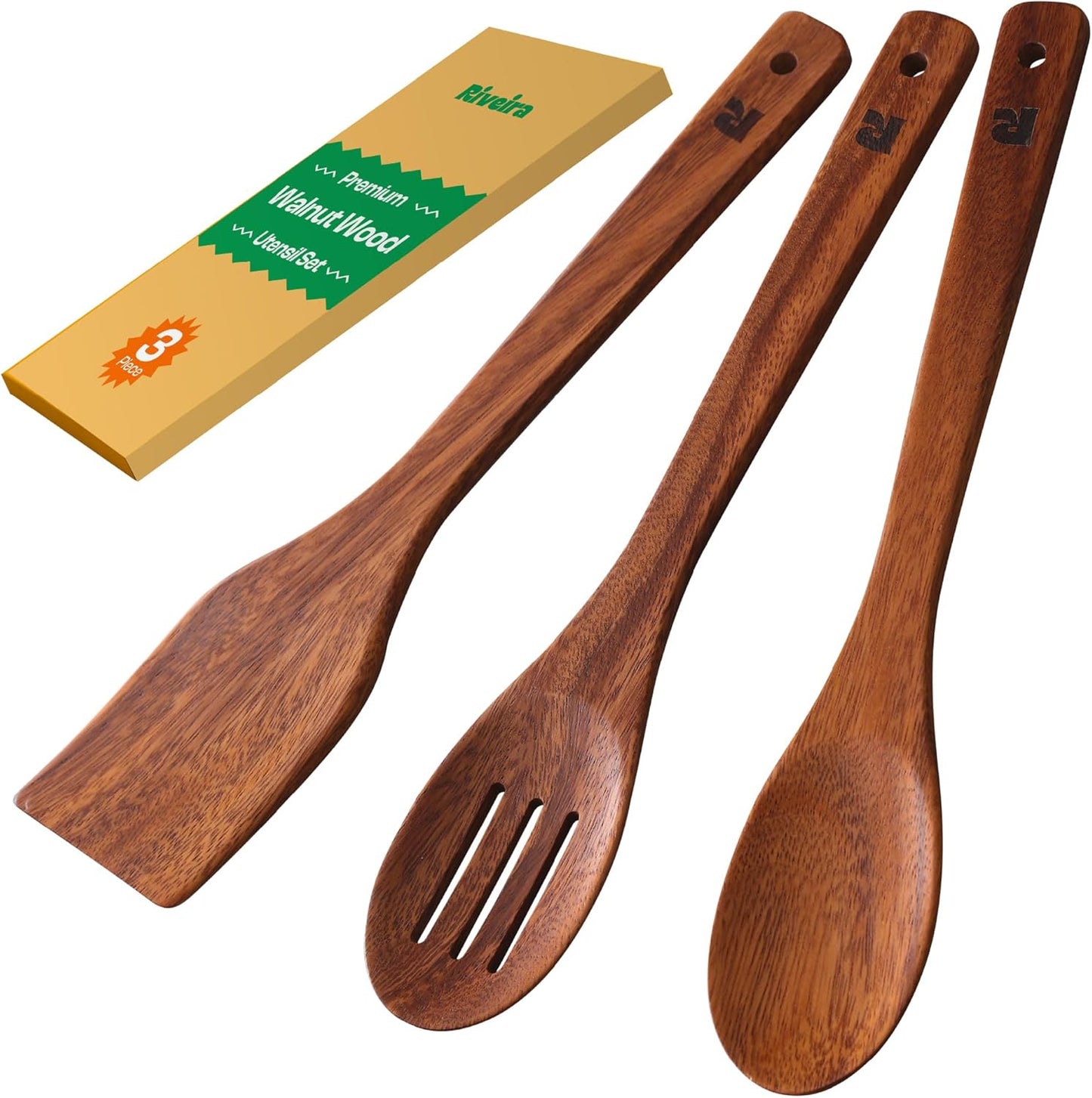 Riveira Walnut Wooden Spoons for Cooking Set of 3 – Natural Walnut Wooden Cooking Utensils, Spatula, Spoon - Premium Quality Utensil Set for Non-Toxic Cooking