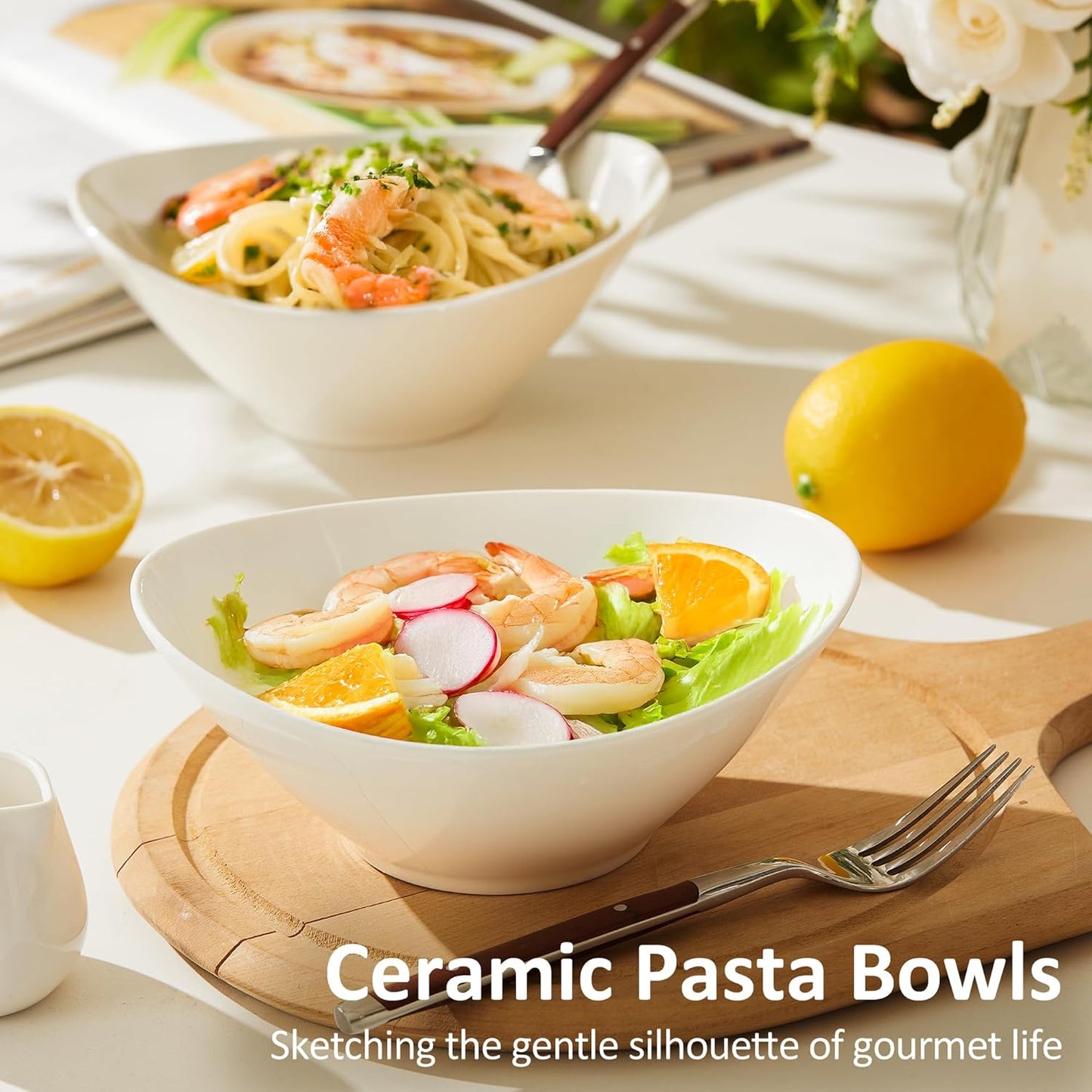 Teocera 7 Inch Salad Bowls Set of 6, 18 oz Large Soup Bowls– Microwave & Dishwasher Safe, for Pasta, Snacks, White