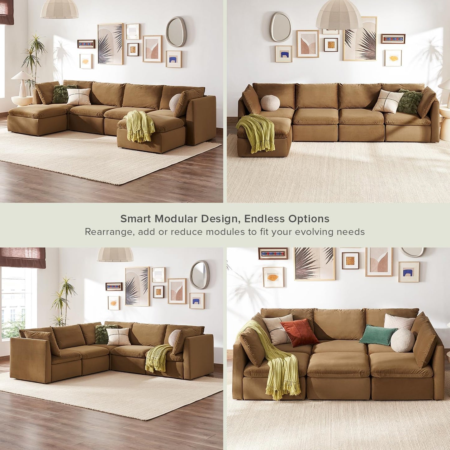 mopio Oversized Modular Sectional Sofa with Fully Removable Covers and Storage, Convertible U, L-Shaped and Sleeper Sectional, Modern Couches with Ottoman Chaise (Hazelnut Velvet, 6 Seats, U)