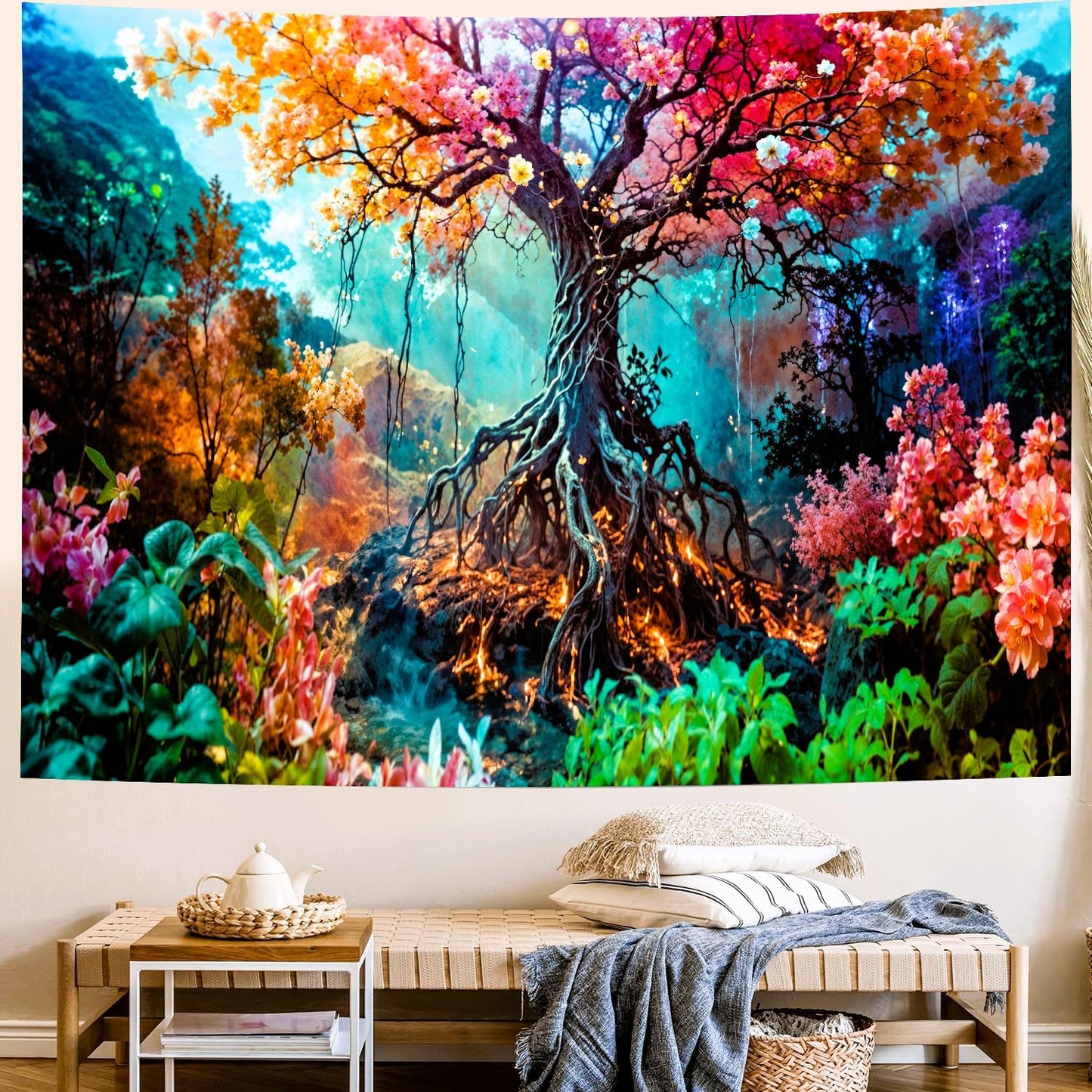 Delur Forest Tapestry Tree of Life Fantasy Tropical Rainforest Tapestry Wall Hanging Colorful Nature Mystical Landscape Psychedelic Spiritual Headboard for Bedroom Living Room Home Decor (70.8" x 92.5")