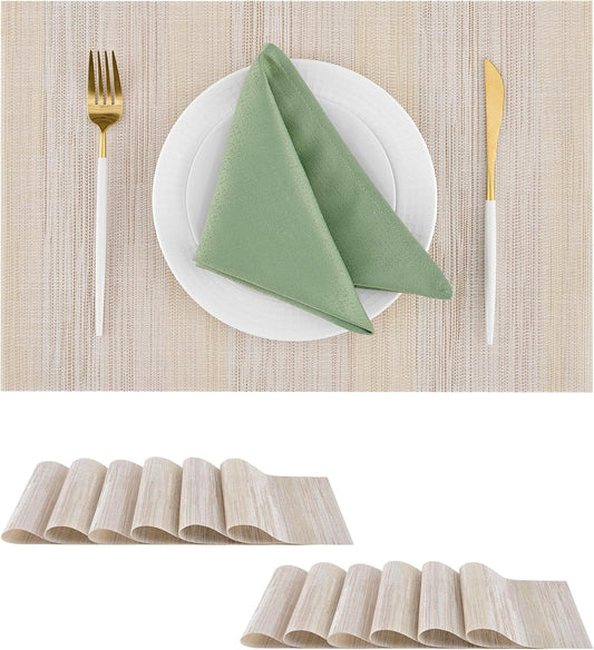 Leetaltree Lightsteel Beige with Yellow Placemats Set of 12 - Heat Resistant Non-Slip Place mats for Dining Table, Washable Durable PVC Vinyl Woven Table Mats (Lightsteel Beige with Yellow, 12)