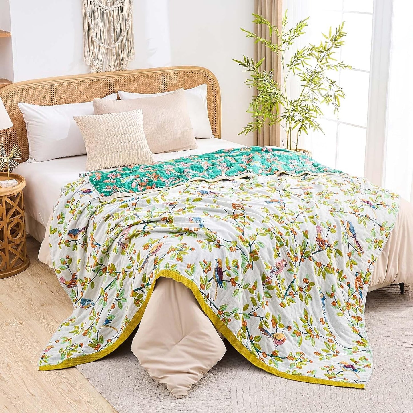 Boho Throw Blanket for Bed, 100% Cotton Soft Rustic Quilt Fall Blanket, 90"x98" Floral Printed Farmhouse Decor Bed Blankets, All Season Rustic Reversible Bohemian Throw Quilt