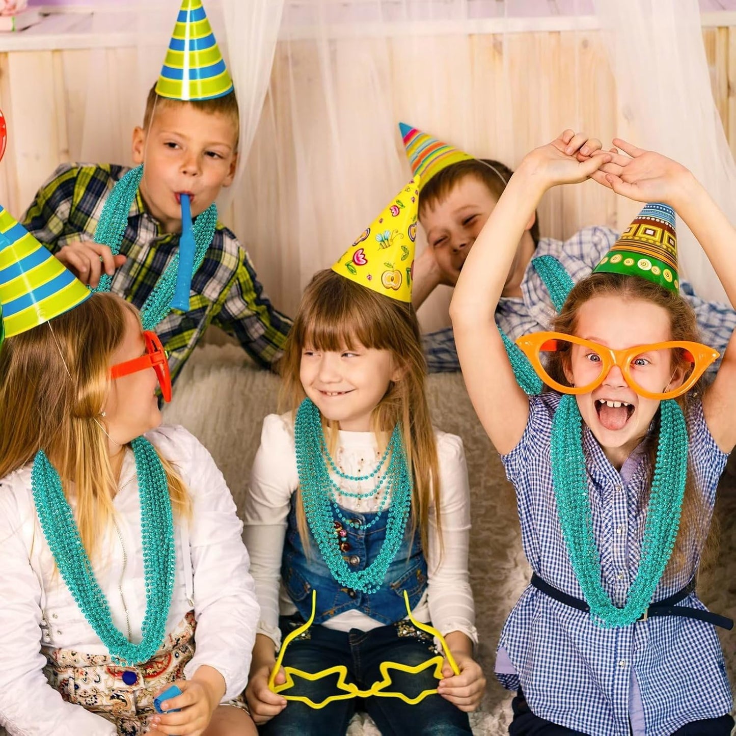 50PCS Mardi Gras Beads, Metallic Blue Bead Necklace Party Favors, 33" Mardi Gras Necklace Stuff, Festival Parade Throw Accessories for Wedding Birthday Gender Reveal Party Supplies Decor