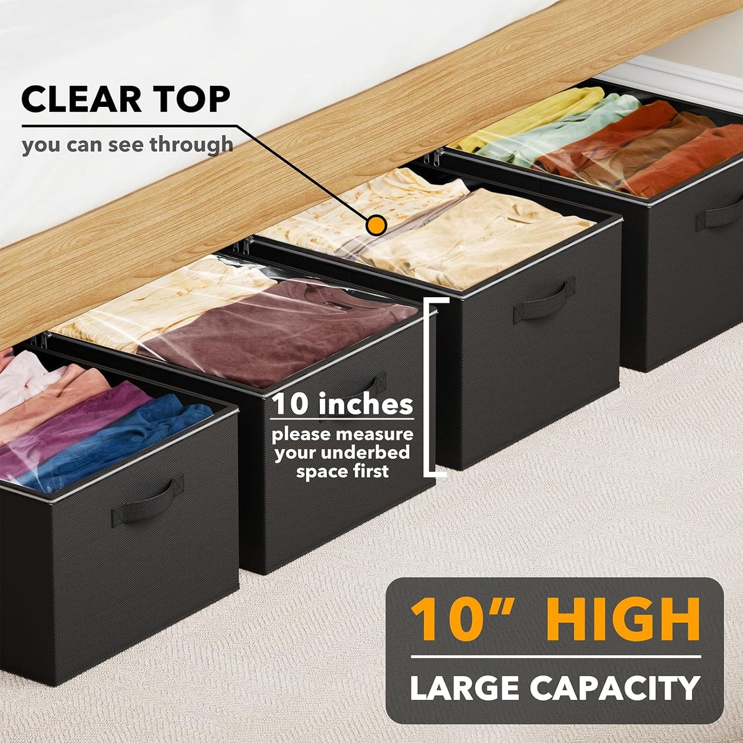SpaceAid 4 Pack 10" High Under Bed Storage Containers, Large Underbed Storage Organizer Bins with Lids for Bedroom, Dorm, Clothes, Closet Organization, Bed Sheets and Blankets (Black)