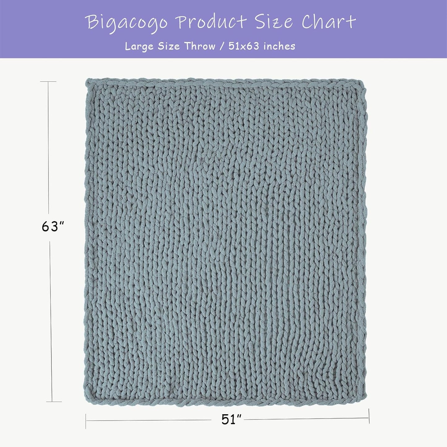 Bigacogo Chunky Knit Throw Blanket for Couch, 51x63 inches, 100% Hand Knitted with Thick Jumbo Chenille Yarn, Cozy Soft Large Rope Knot Cable Crochet Blankets for Sofa Bed Living Room, Dusty Blue