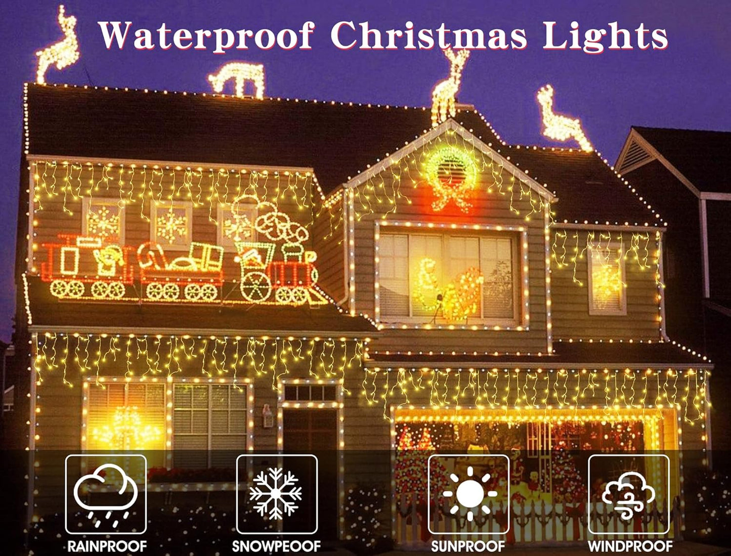 Christmas Icicle Lights Outdoor Decorations 1008 LED 98.4 FT Icicle String Lights with 189 Drops, 8 Modes Curtain Fairy Icicle Lights for Christmas Wedding Party Eaves Patio Yard (Warm White)