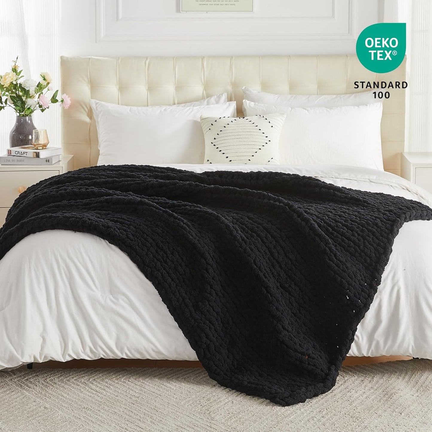 Carriediosa Chunky Knit Throw Blanket 60" X 80" Twin, 100% Hand Made Large Chenille Loop Yarn Soft Fluffy Throws for Couch Sofa Bed, Big Crochet Cozy Heavy Thick Cable Woven Blankets, Black