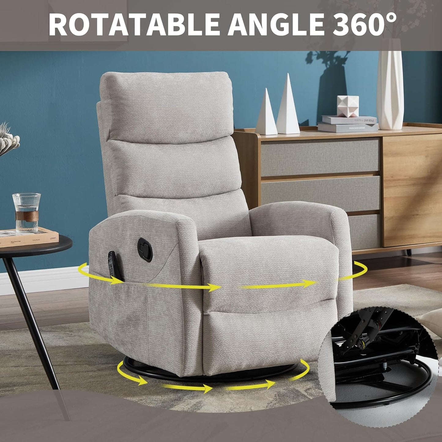 Manual Swivel Rocker Recliner Chair for Adults, Overstuffed Reclining Glider Chair for Nursing with Vibration Massage & Heat, Living Room Rocking Recliner 3-Stage backrest, Chenille Fabric Light Gray