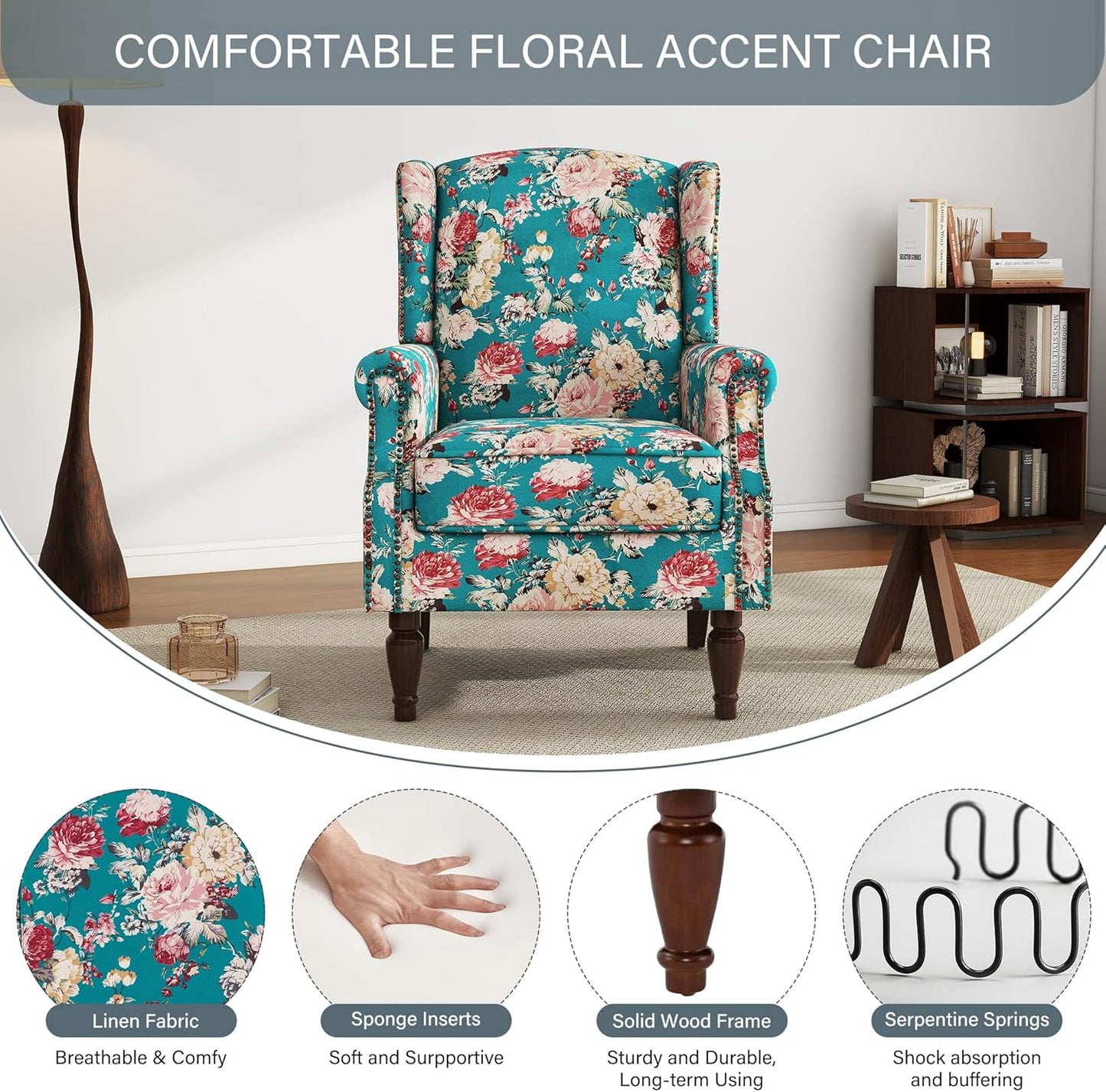UIXE High Back Floral Accent Chair, Upholstered Armchair in Fabric, Retro Printed Wingback Arm Chair for Living Room, Nailhead Trim Single Sofa Bedroom Reading Seat - Peacock Blue