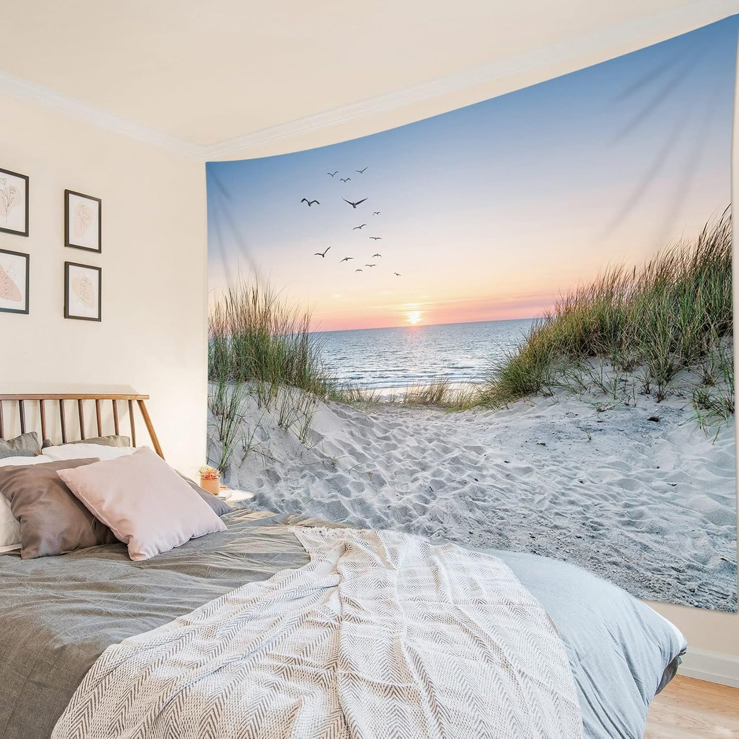 HVEST Ocean Beach Tapestry Wall Hanging, Sunset Seabird and Beach with Grass Wall Hanging Tapestry Natural Landscape Tapestry for Bedroom Living Room Dorm Decoration Wall Decor, 59x51 Inches