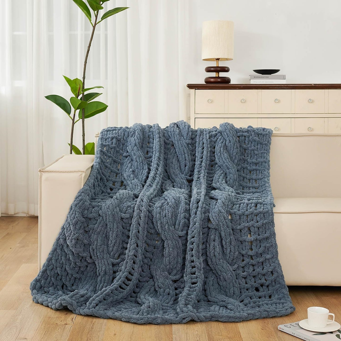 Esterra Chunky Knit Blanket Throw 50"x60", 100% Hand Knitted Chenille Throw Blanket, Cozy Soft Thick Cable Knit Throw Large Rope Knot Crochet Throw Blanket for Sofa Couch Bed, Blue Mirage