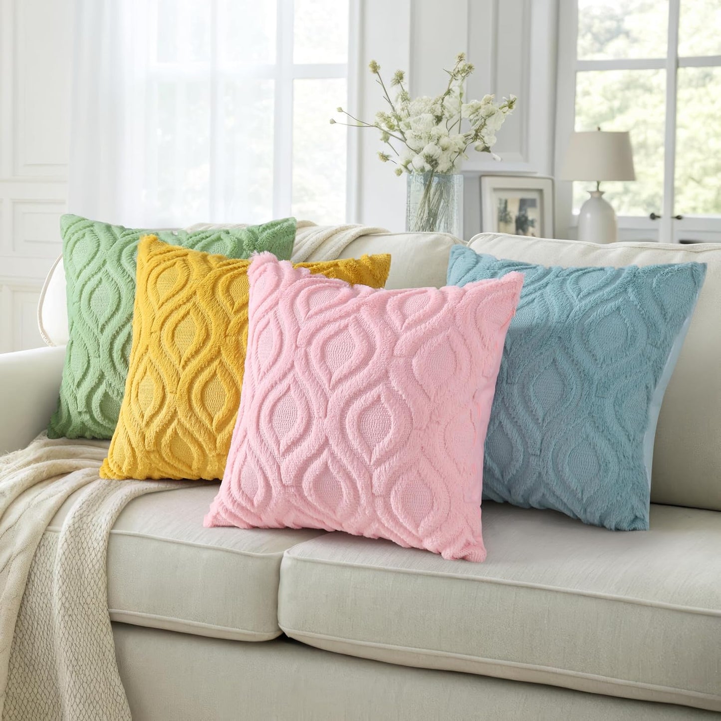 decorUhome Fall Throw Pillow Covers 22x22 Inch Set of 2, Soft Plush Decorative Faux Fur Aqua Solid Couch Pillow Covers, Accent Farmhouse Neutral Square Euro Pillow Cases for Sofa Bed Living Room