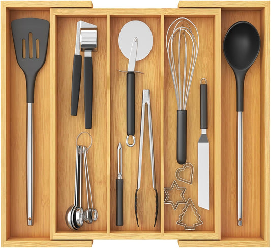 Lifewit Utensil Organizer for Kitchen Drawer, Expandable Cooking Utensil Tray, Bamboo Cutlery Silverware Flatware Holder, Adjustable Spatula Tools and Gadgets Storage Divider, Large, Natural