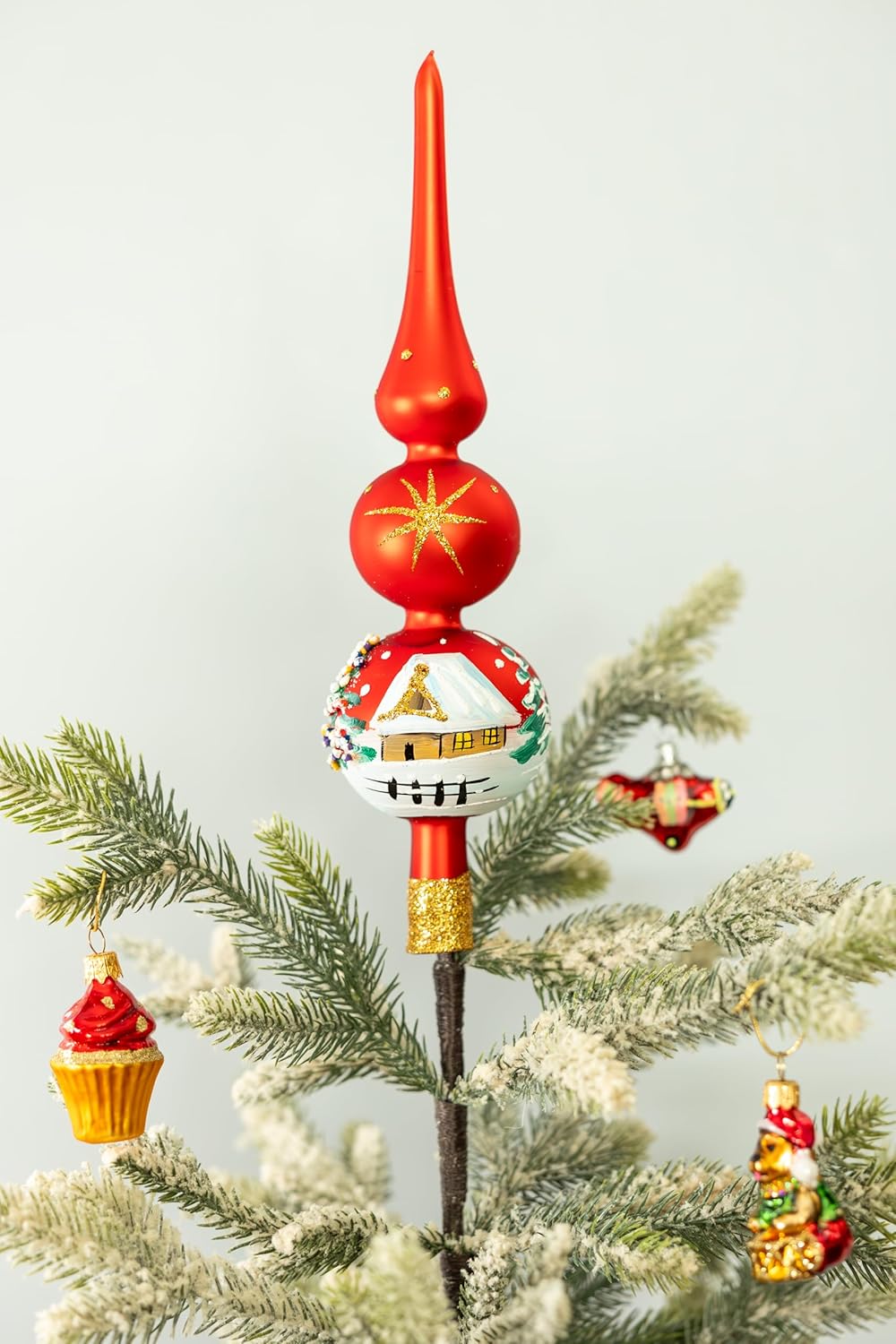Christmas Tree Topper Spitz Glass Mouth Blown Hand-Decorated Embellishments (Red Matt, 12 inch)