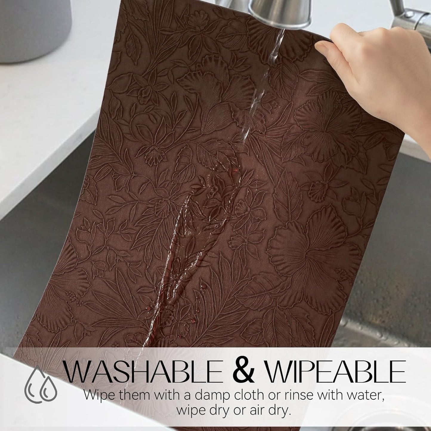 Romanstile Vinyl Placemats Set of 8-12 X 18 Inch - Heat Resistant Non-Slip Embossed Floral Place Mats 100% Waterproof Oilproof Wipeable Faux Leather Table Mats for Kitchen/Dining/Party, Brown