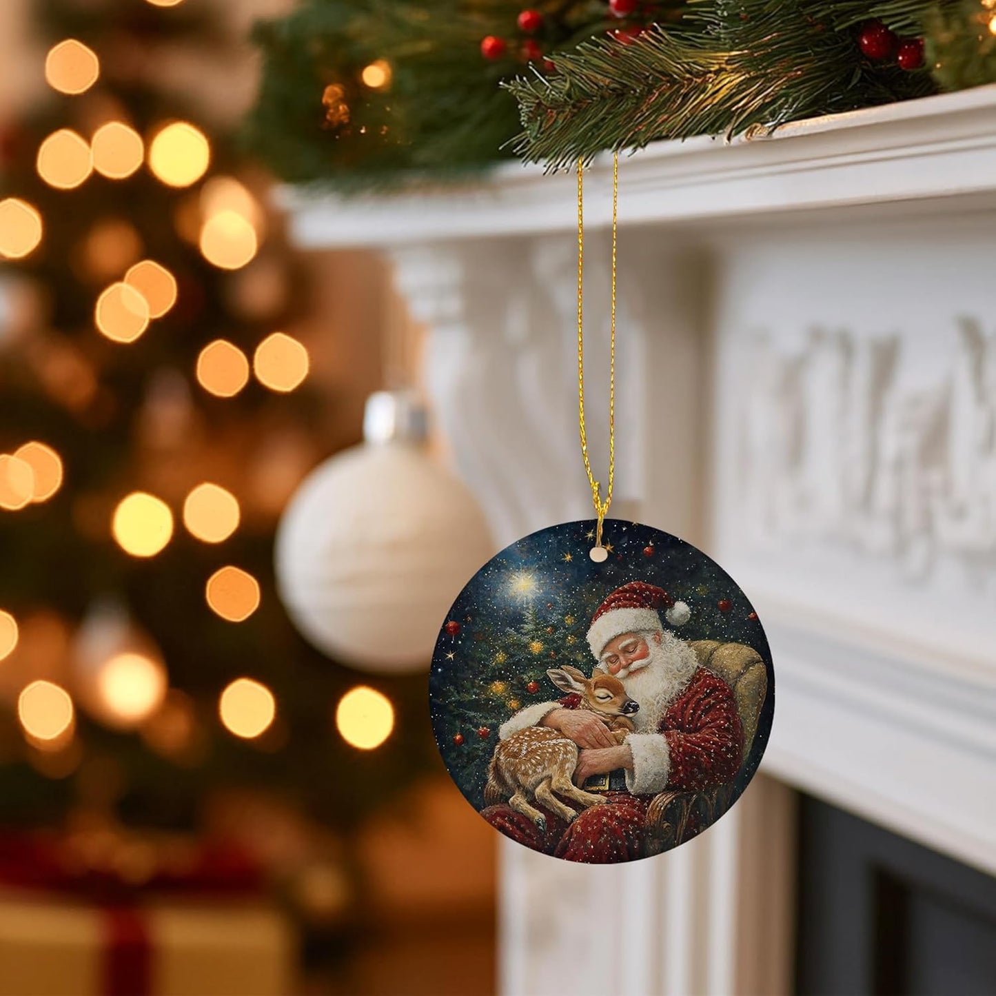 Vintage Christmas Santa Deer Ceramic Ornament Gifts, Rustic Winter Christmas Decorative Hanging Ornaments for Xmas Tree Holiday Party Decoration, Santa Deer Xmas Tree Decorations