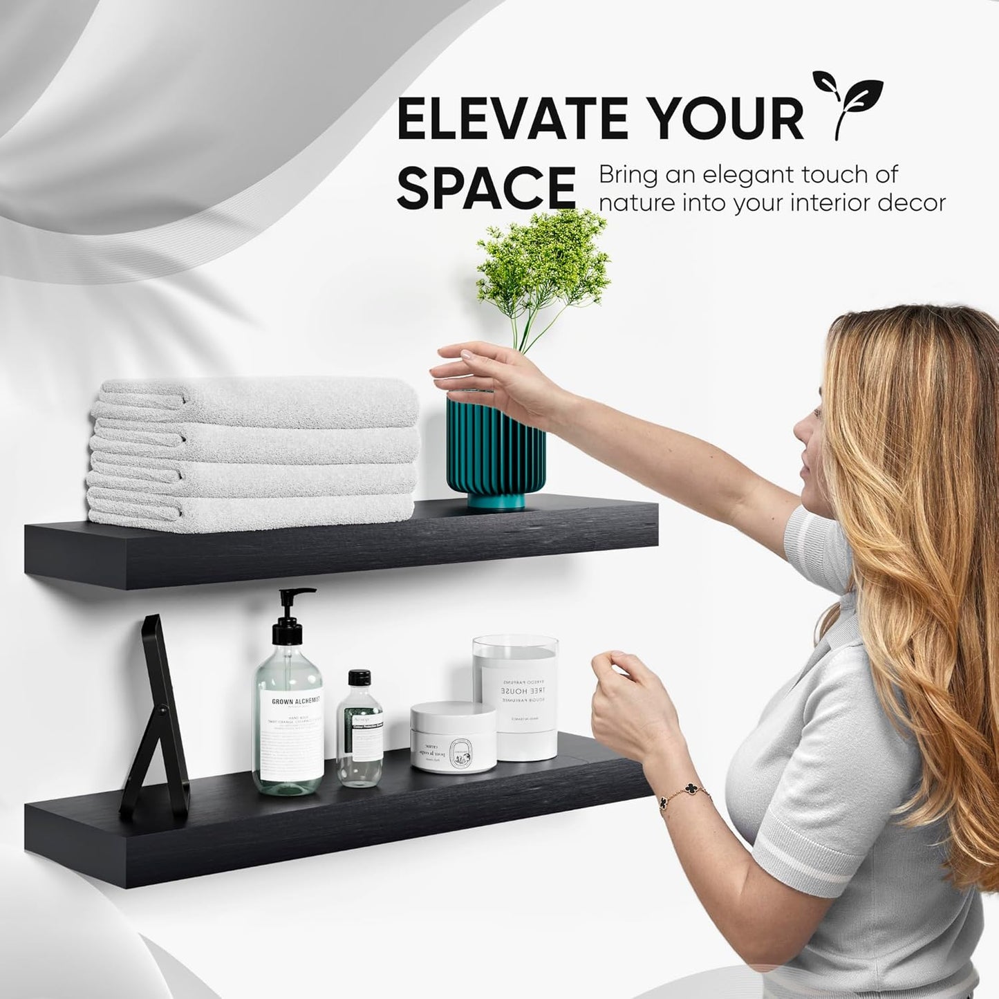 Homeforia Black Floating Shelves 24 inch, High End Solid Real Wood 24inch Bathroom Floating Shelf for Wall Mounted, Black Wooden 24in Floating Shelves, Heavy Duty Bracket, 24 X 6.5 X 1.75 in, Set of 4