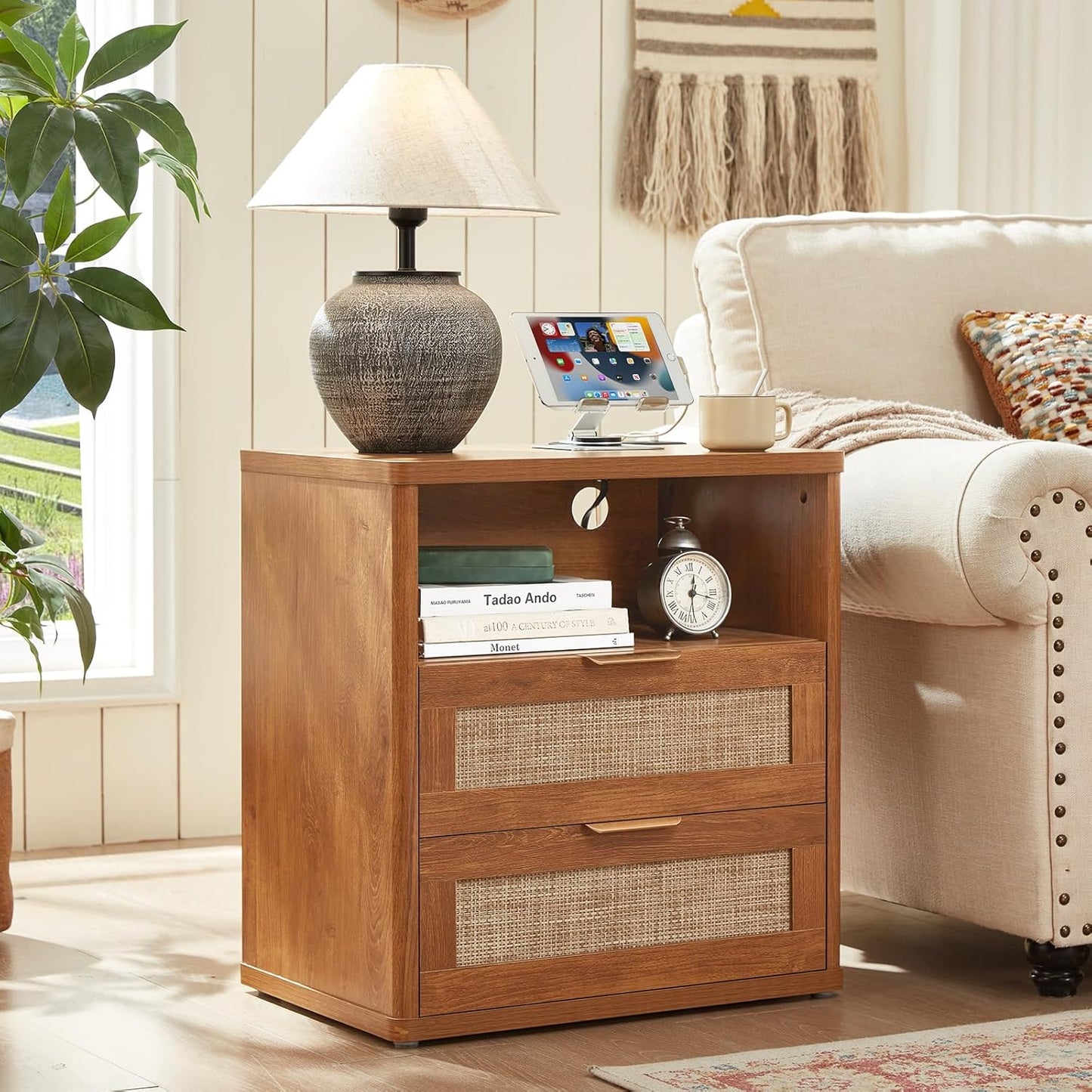 LEYAOYAO Boho Rattan Coffee Table and End Table Sets, 48" Wide Center Tables & 23" Night Stand with Charging Station Chest of Drawers, Brown Wood Coffee Table for Living Room 2 Piece Set