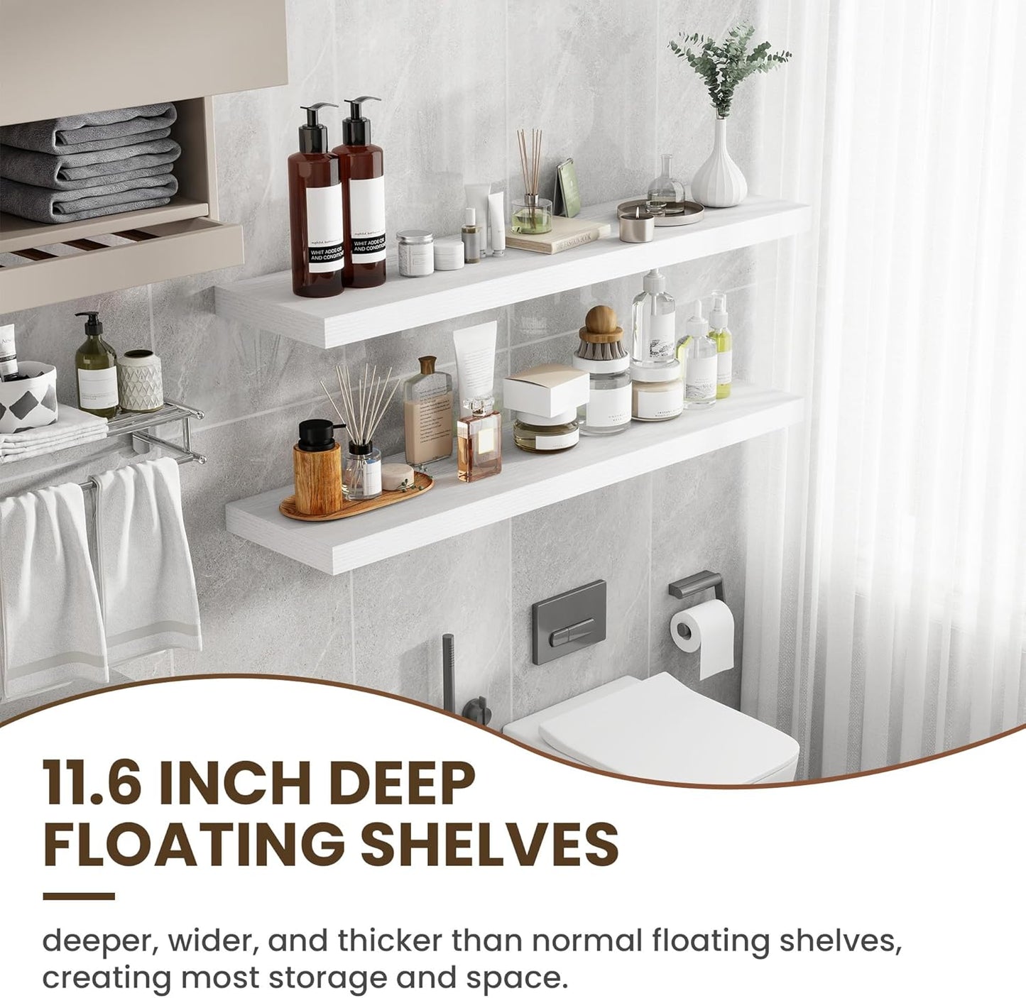 48 Inch Floating Shelves, 11.6 Inch Deep Floating Shelves for Wall, Floating Shelf with Invisible Brackets, Deep Shelves for Bathroom, Bedroom, Living Room, 1 Pack, White