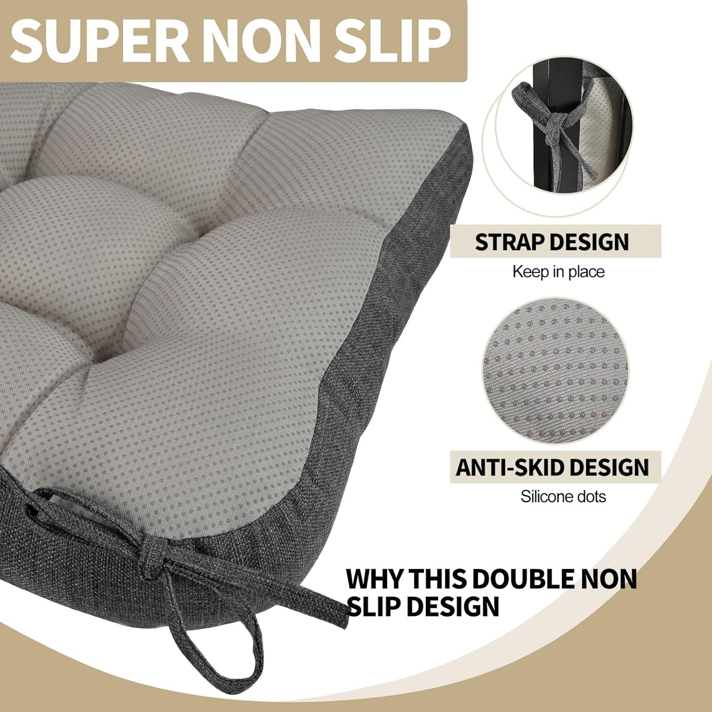 BUYUE Chair Cushion Set for Rocking Chair, Back Pillow & Seat Cushion with Ties, Original Woven Fabric Non-Slip Chair Pads for Elderly Sitting, Dark Gray