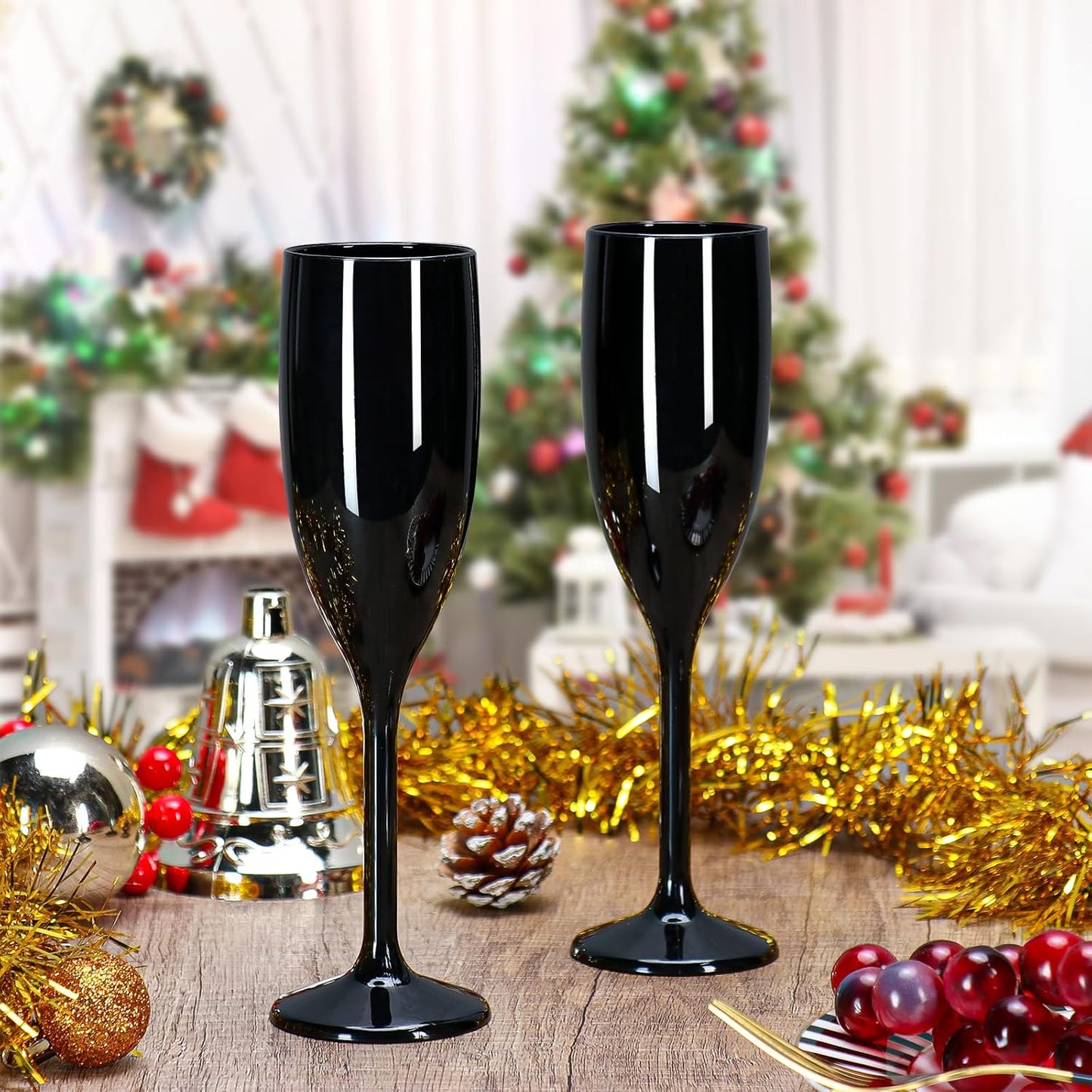 XUWAIDSGN Acrylic Champagne Flutes Toasting Glasses Unbreakable Mimosa Bar Reusable Wine Glasses Vintage Champagne Flutes Stemmed Drinking Cups 5.4 OZ for Christmas Birthday (10, Black)